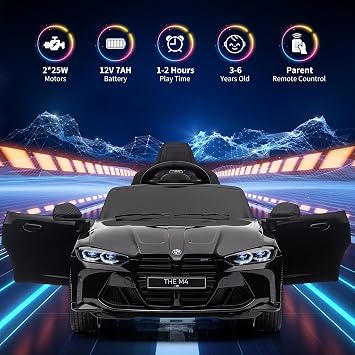12V Kids Ride On Toy Car,Licensed BMW M4, Electric Kids Ride-On Car Powered Vehicle Car for Boys and Girls, W/USB, Mp3, Bluetooth, Led Light,Parents Remote Control, 3 Speeds, for Boys and Girls-Black