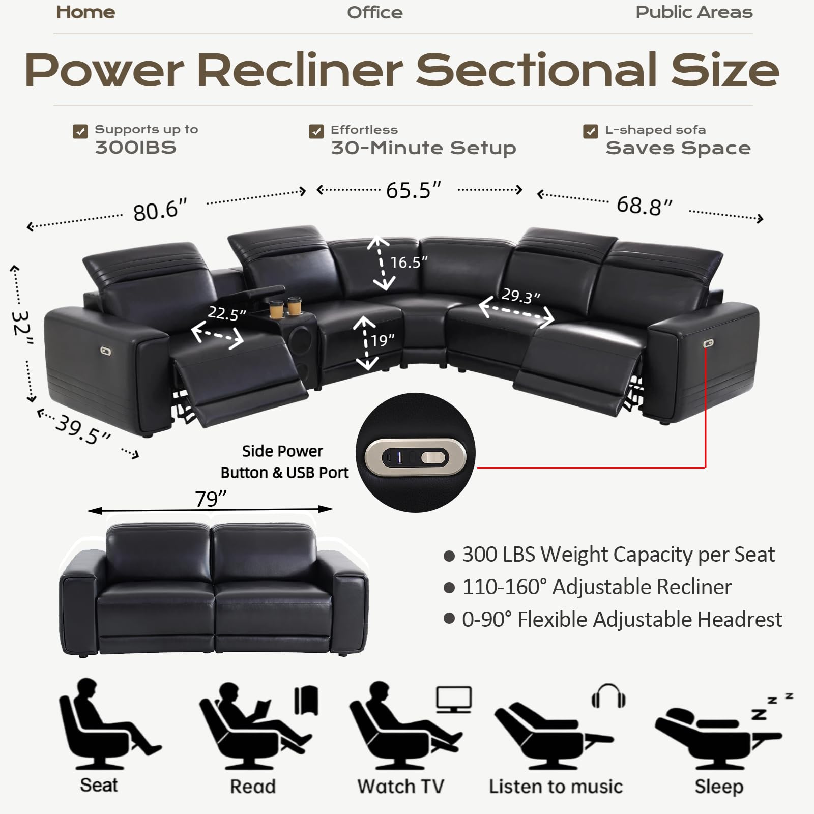 Power Reclining Sectional Sofa with Speakers & USB Ports for Living Room view 2