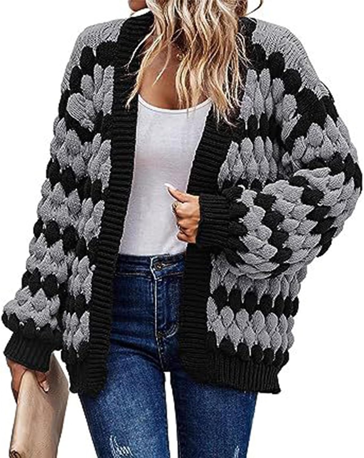 Womens Cardigan Sweaters Lantern Sleeve Striped Chunky Sweater Cable Knit Color Block Open Front Cardigan Sweater