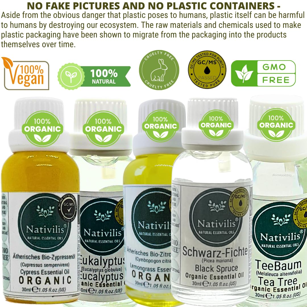 Nativilis Bio Ätherische Öle Set – Air & Earth Kollektion – Eukalyptus, Zitronengras, Teebaum, Zypresse & Schwarzfichte – 5 x 30 ml – Für Aromatherapie & Diffusor
