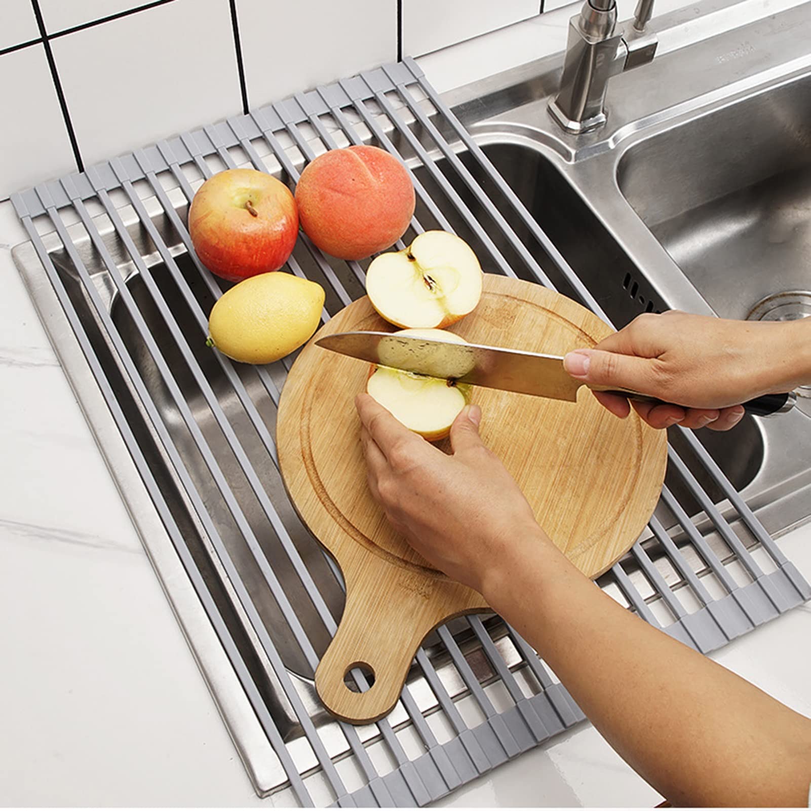 Scolapiatti avvolgibile, Scolapiatti pieghevole in silicone e acciaio inossidabile grigio 32x52cm