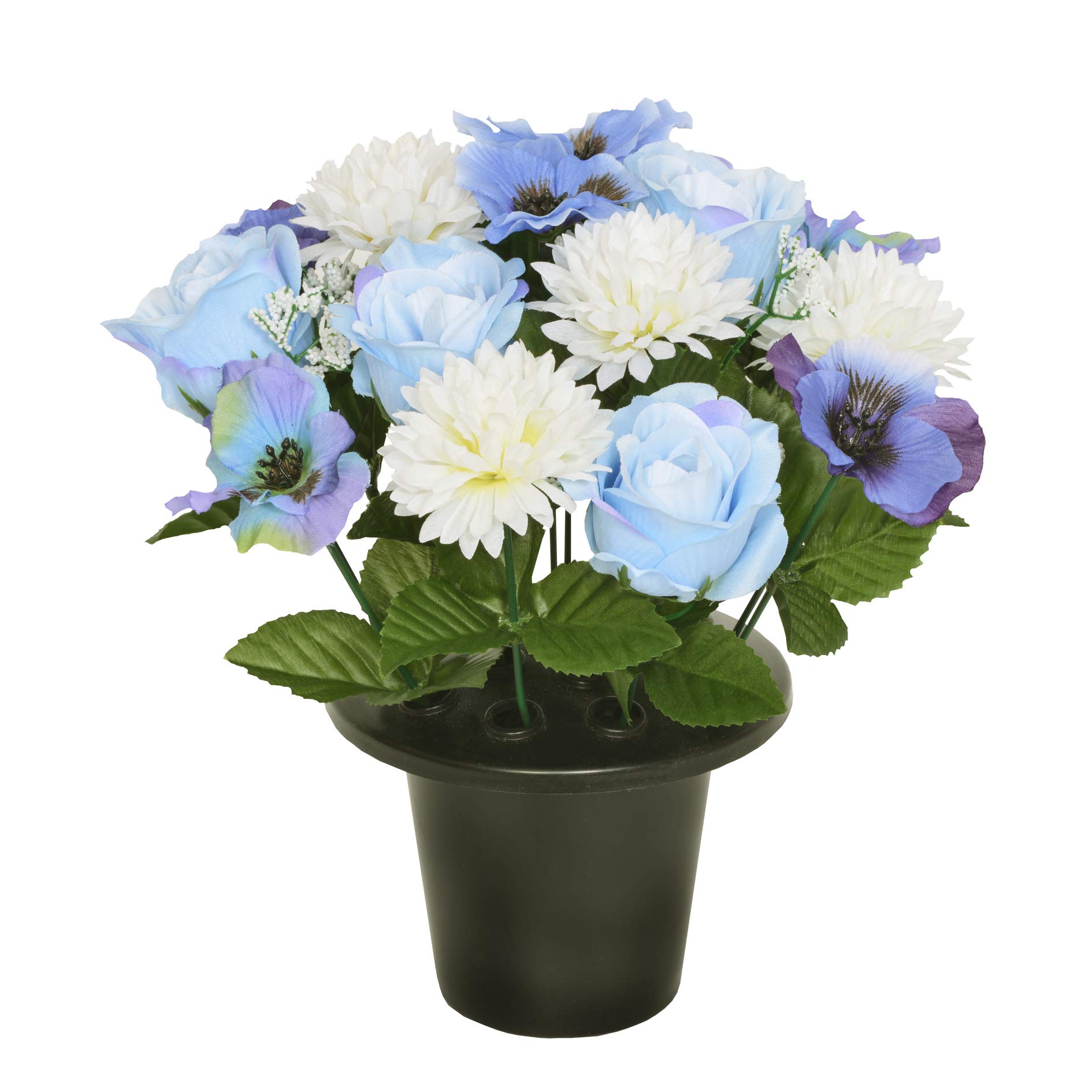 Everyday Floral ARTIFICIAL BLUE PANSY CHRYSANTHEMUM & ROSE GRAVE POT WITH 16 FLOWERS - VASE INSERT MEMORIAL