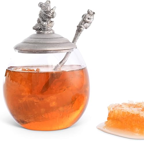 Vagabond House Tarro de gelatina de mermelada de vidrio con diseño de oso de peltre de 5 pulgadas de alto, 12 onzas