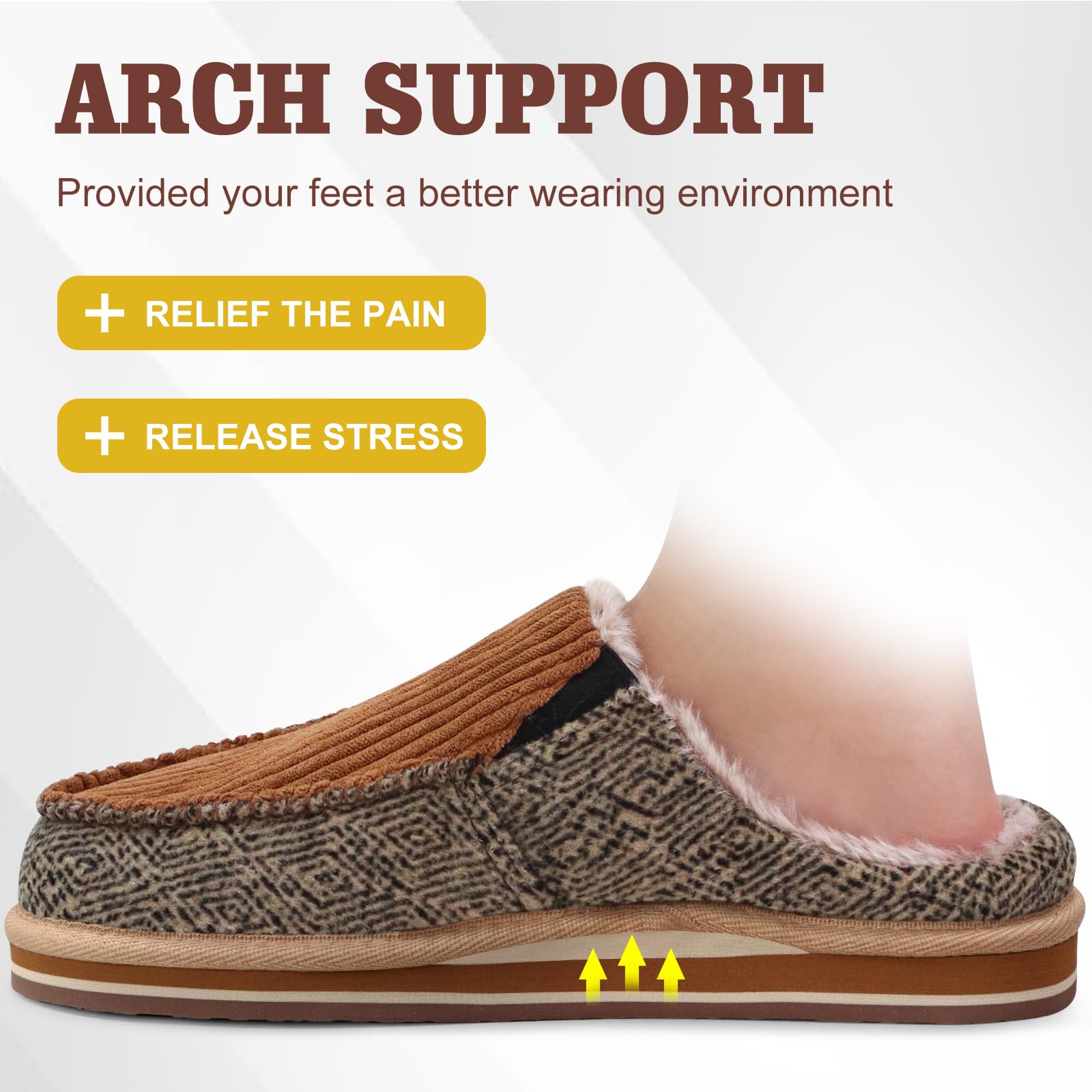 ONCAI Pantofole da Uomo in Comfort Pelo Cotone Strisce Ciabatte da Casa in Lana con Memory Foam Supporto Arco Suola in Gomma Taglia 40-50