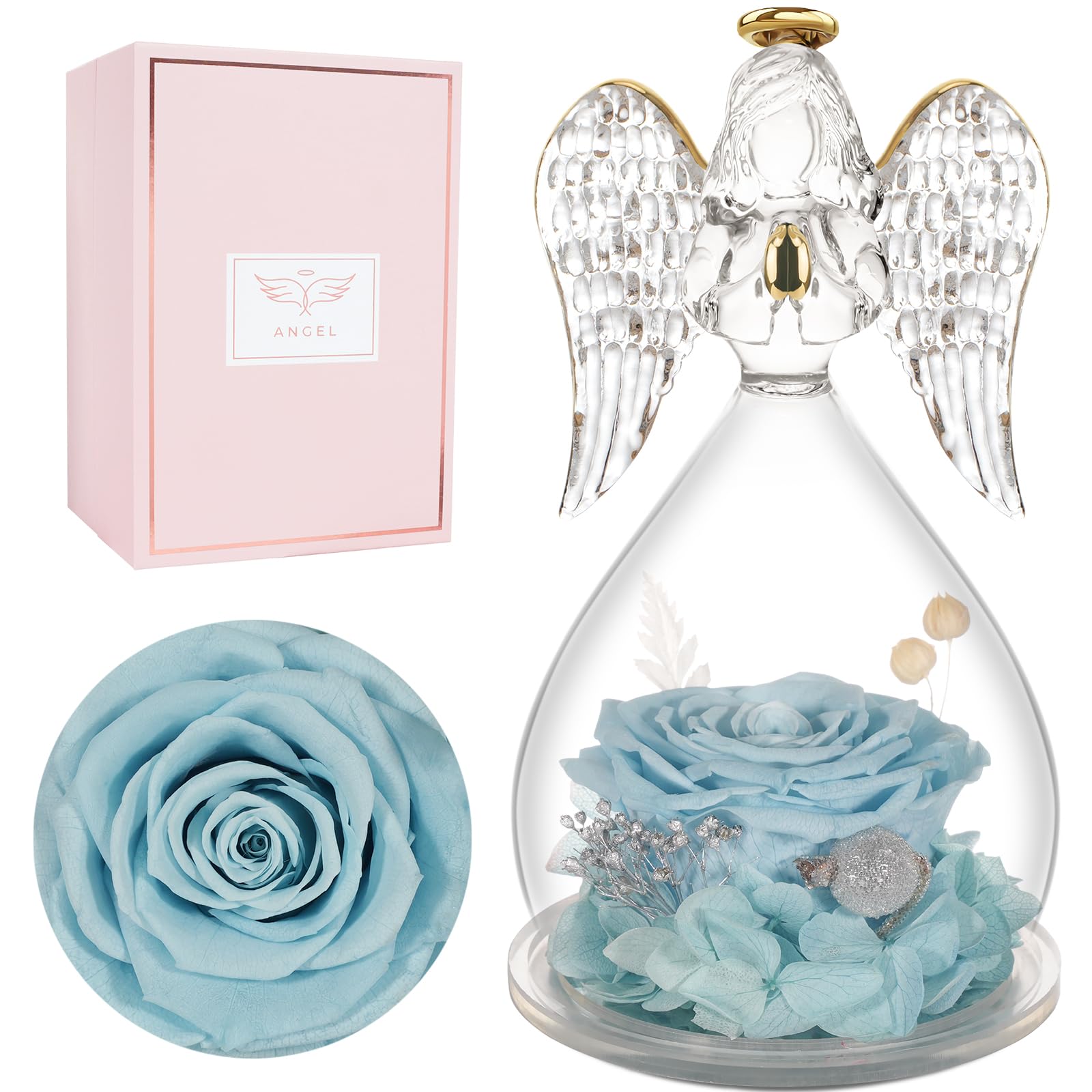Rosa Stabilizzata In Vetro Con Angelo - Regalo Eterno Per Mamma, Nonna, Fidanzata, San Valentino