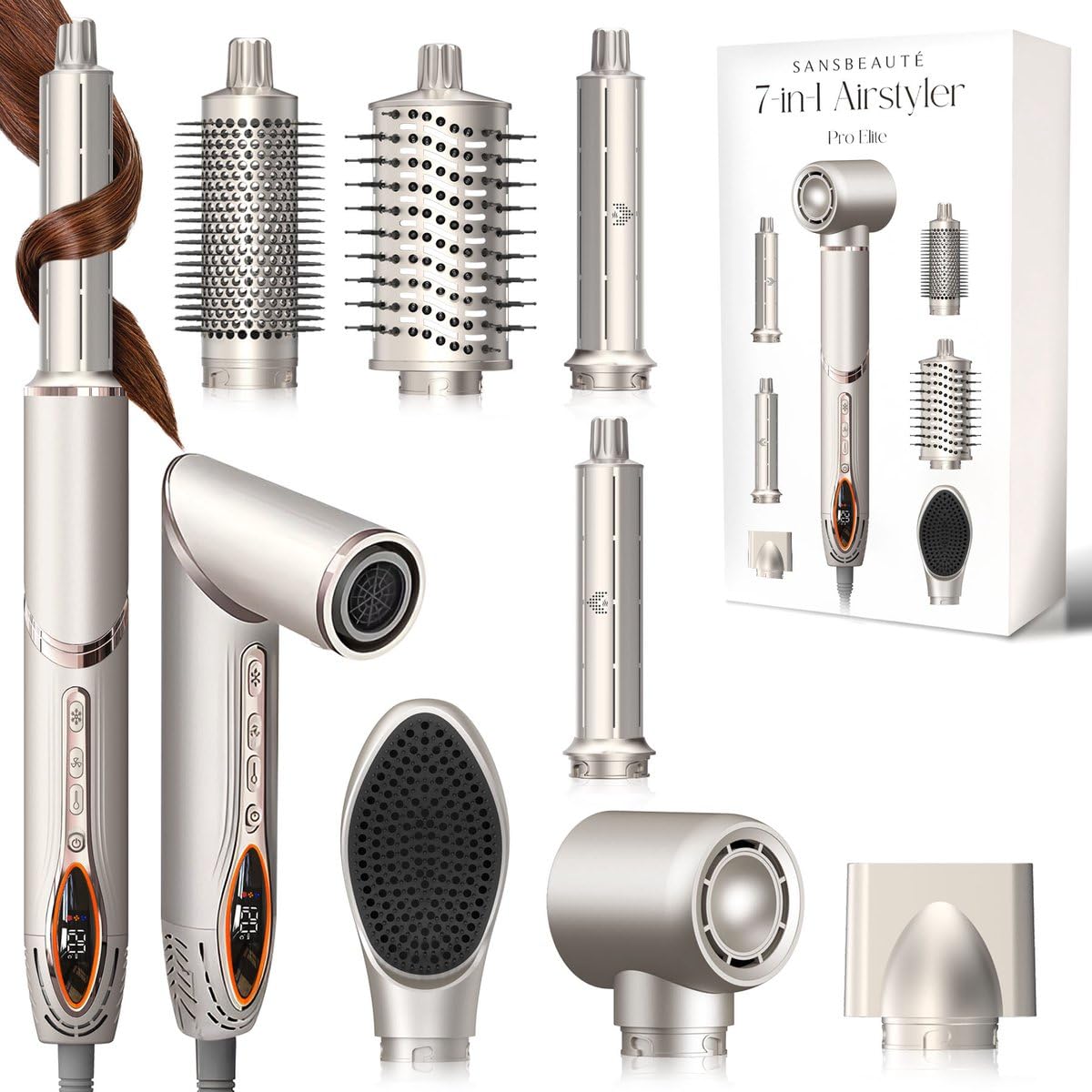 7-in-1 Airstyler Gold/Weiß – Multistyler mit 7 Aufsätzen, Coanda-Effekt, 110.000 RPM, Ionentechnologie, für Locken, Volumen und glattes Haar