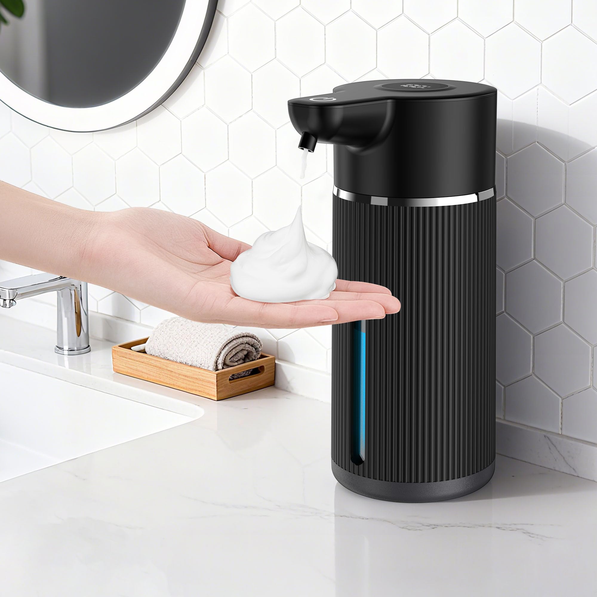 Dispensador Jabon Cocina de 420 ML, Dispensador Automático de Jabón Espumoso, Dosificador de Jabón de Pared con 4 Niveles Ajustables para Ducha, Negro, USB, Resistente al Agua IPX6
