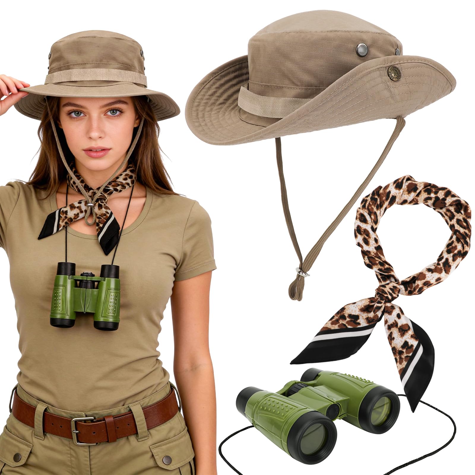 XEPST 3PCS Safari Costume Women - Zoo Keeper Costume Adult Accessories Set with Safari Hat Leopard Neck Scarf Binoculars Explorer Halloween Costumes for Women Cosplay Carnival Fancy Dress Up Party