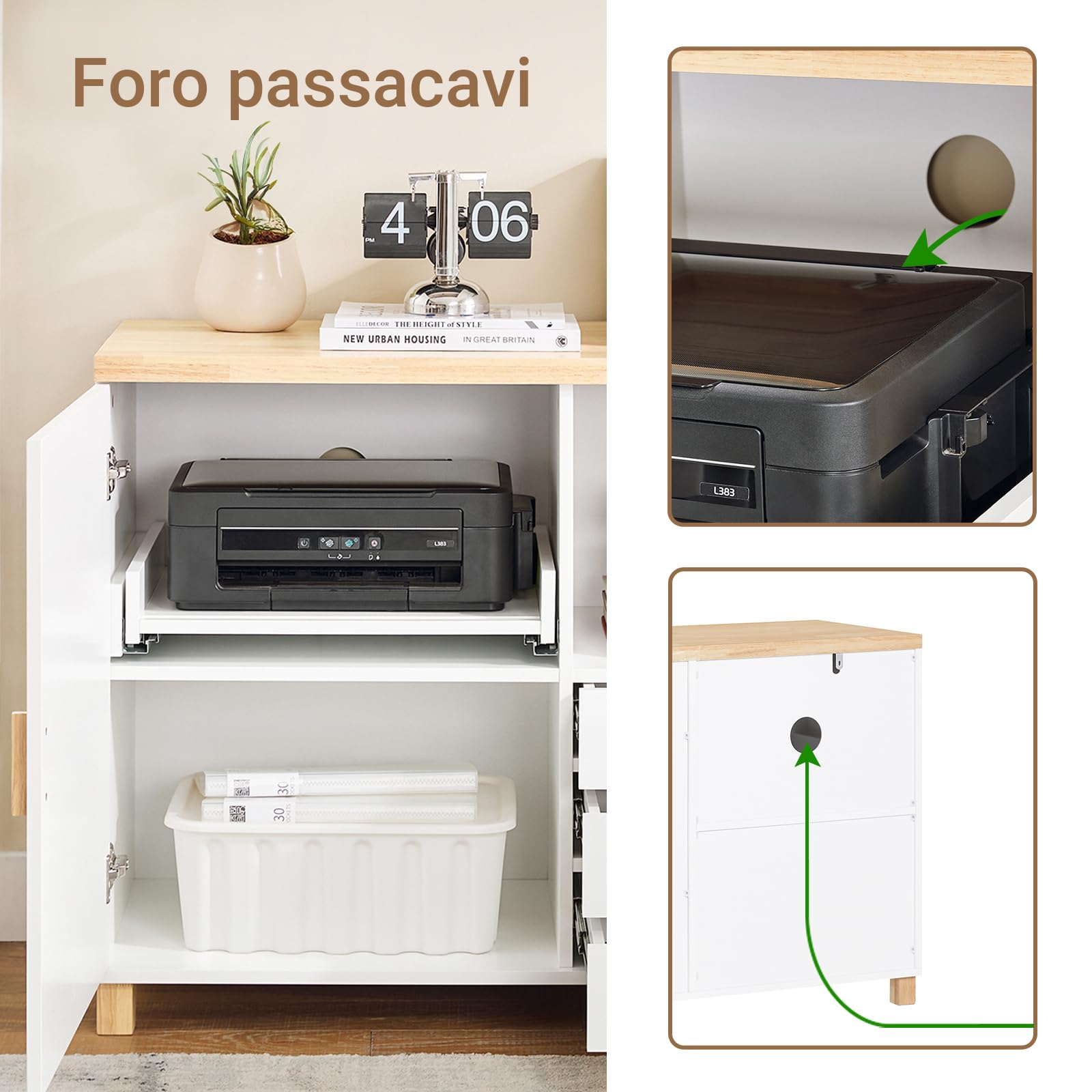 SoBuy Cassettiera Ufficio Mobiletto Salvaspazio con 3 Cassetti e 1 Vano Aperto Supporto Stampante Schedario da Ufficio Cassettiera da Scrivania Bianco e Naturale 90x45x75cm ASK07-WN