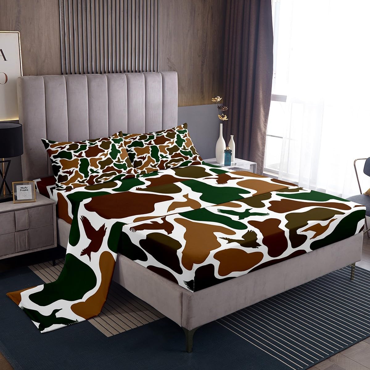 Erosebridal Camo Flat Fitted Sheet King Size Duck Hunter Sheet Set for Kids Boys Men Army Camouflage Hunting Sheets Vintage Blue Black Room Decor Wild Animal Duck Rustic Bed Sheets Set