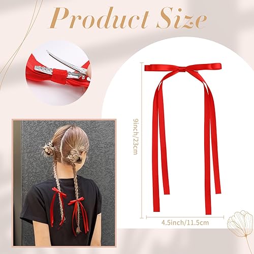 Miniatura 3 de VOBOBE 4 lazos para el pelo para mujeres y niñas, cinta roja con borla, pinzas para el pelo para niña con cola larga, accesorios para el cabello de