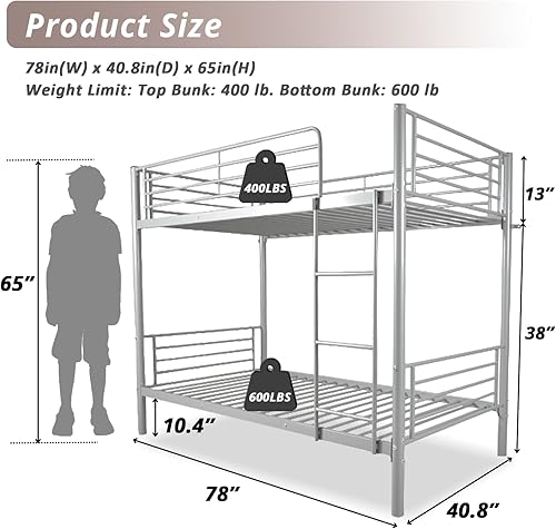 Miniatura 3 de Karl home Litera gris individual sobre individual, litera de metal con escalera integrada y barandilla de seguridad, literas individuales que