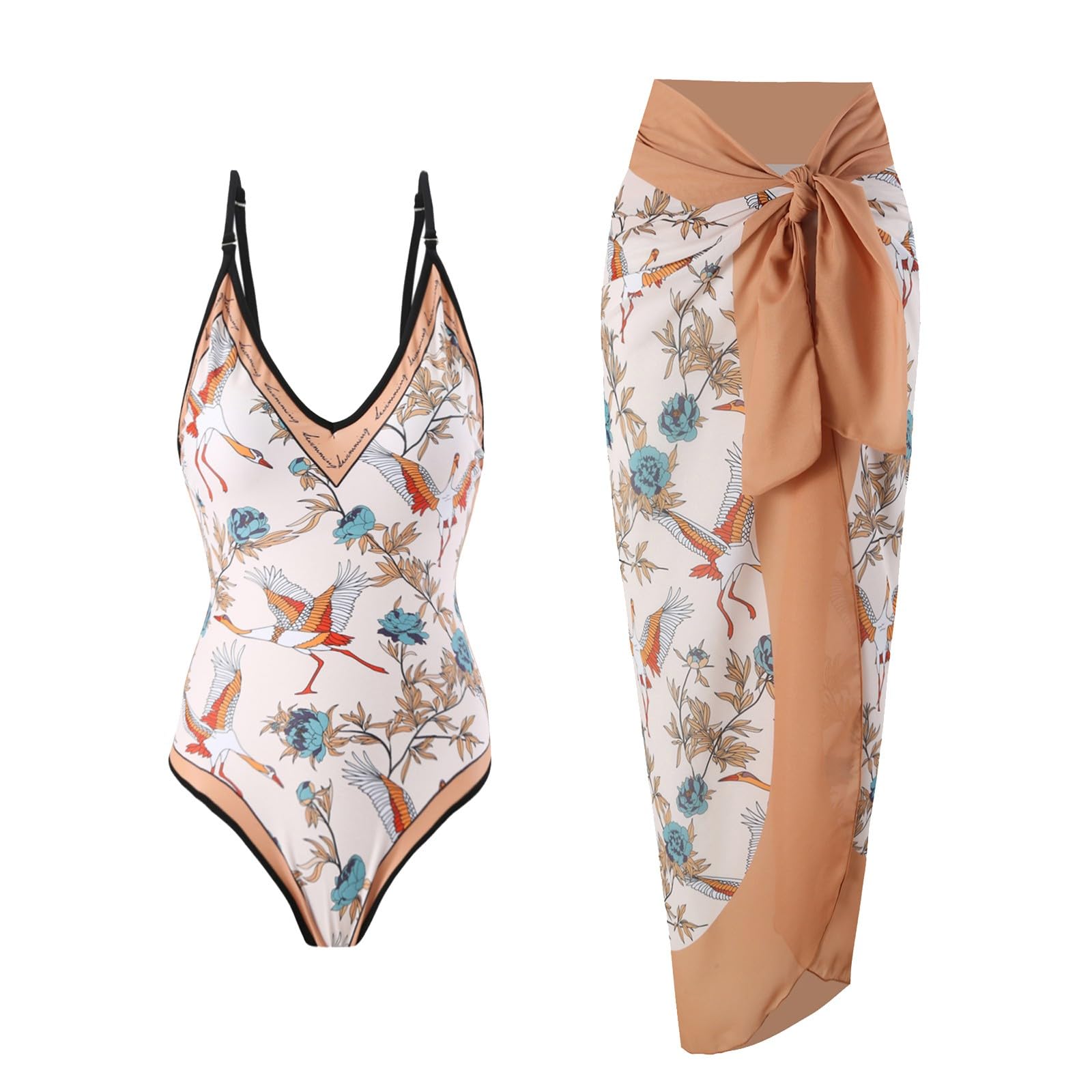 Generisch Costume da bagno da donna stile retrò con scollo a V e gonna da spiaggia copertura avvolgente, due pezzi, bikini set bikini nero da donna