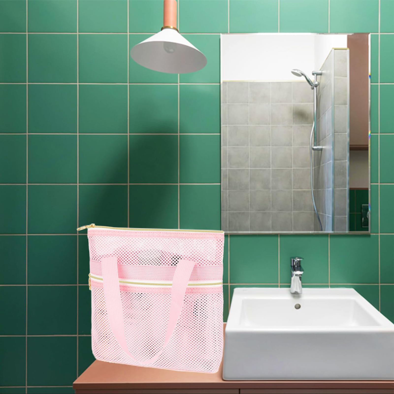 Borsa Bagno Campeggio, Borsa Doccia Portatile, Borsa Rete Rapida Asciugatura, Impermeabile, con Cerniera per Viaggio, Piscina, Spiaggia (Rosa)