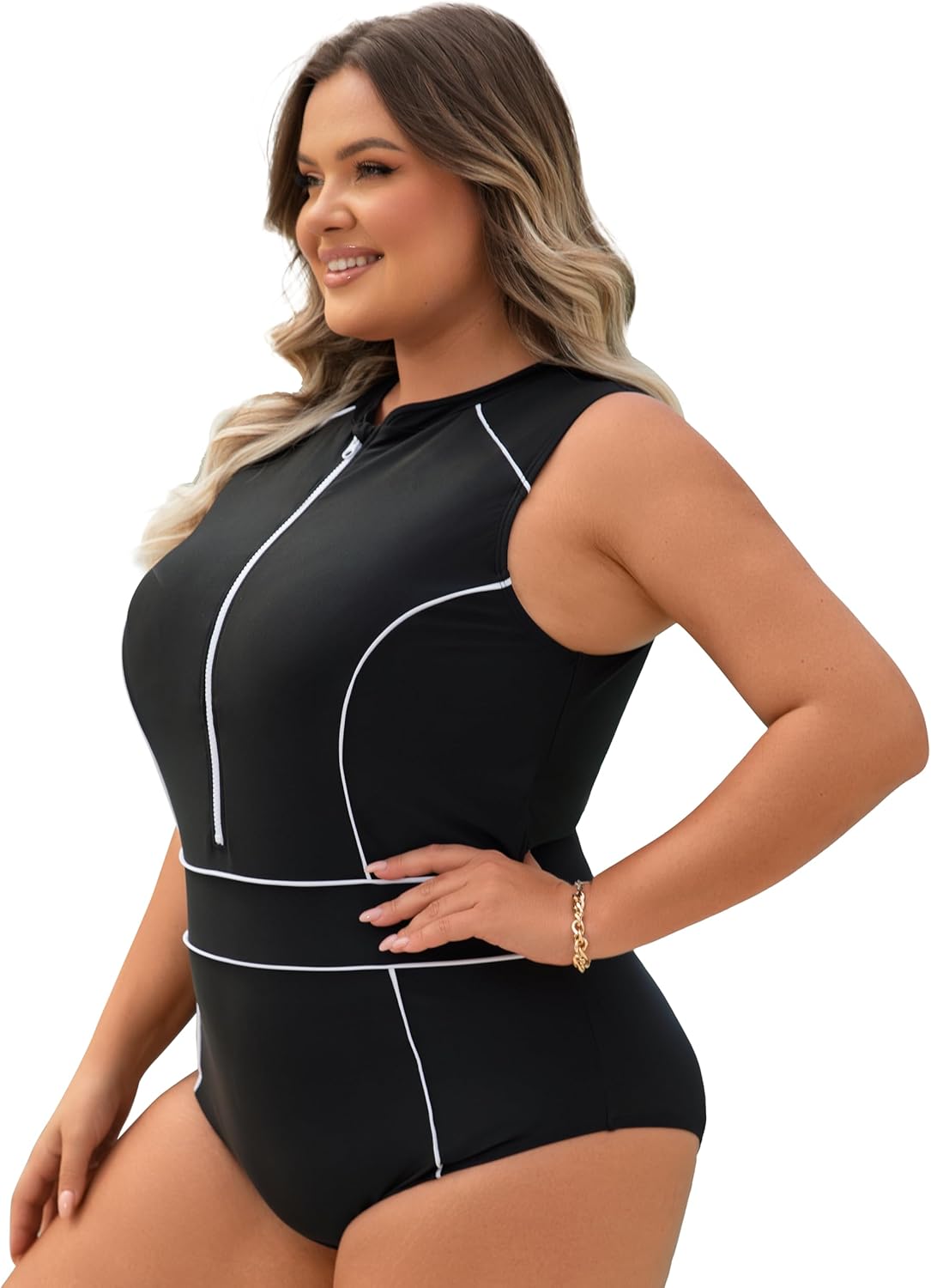 Women's One Piece Swimsuit s Plus Size Athletic Swimwear Sleeveless Stand Collar Zipper Front Sports Bathing Suits L - Image 2