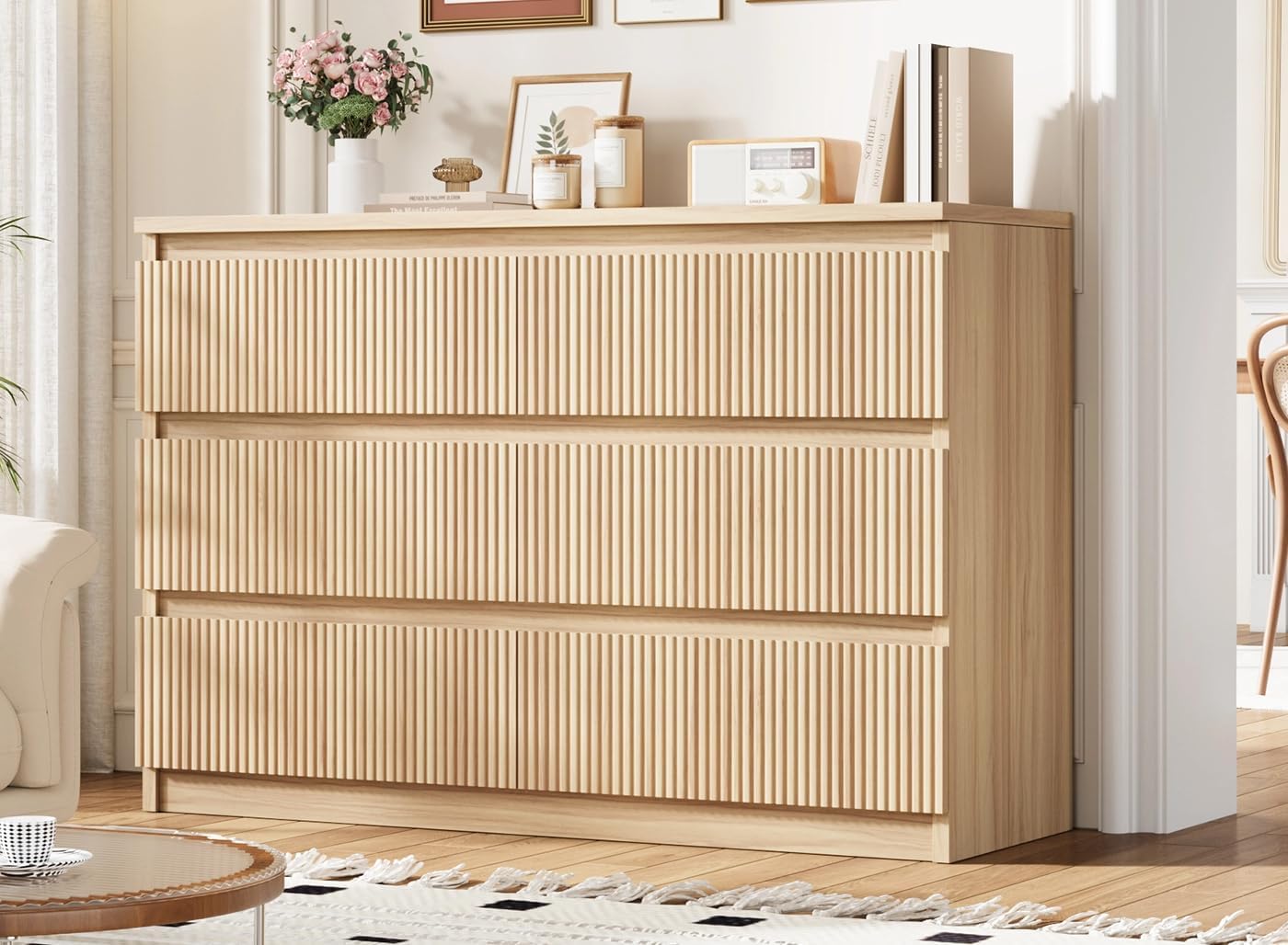 6 drawer dresser for bedroom, modern fluted dresser, bedroom dressers with drawers, large double wooden chest of drawers for hallway, living room, oak