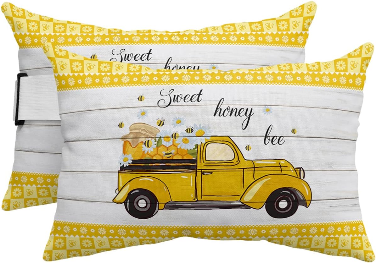 Lumbar Pillow, Sweet Honey Bee A Truck with Honey Jar Daisy