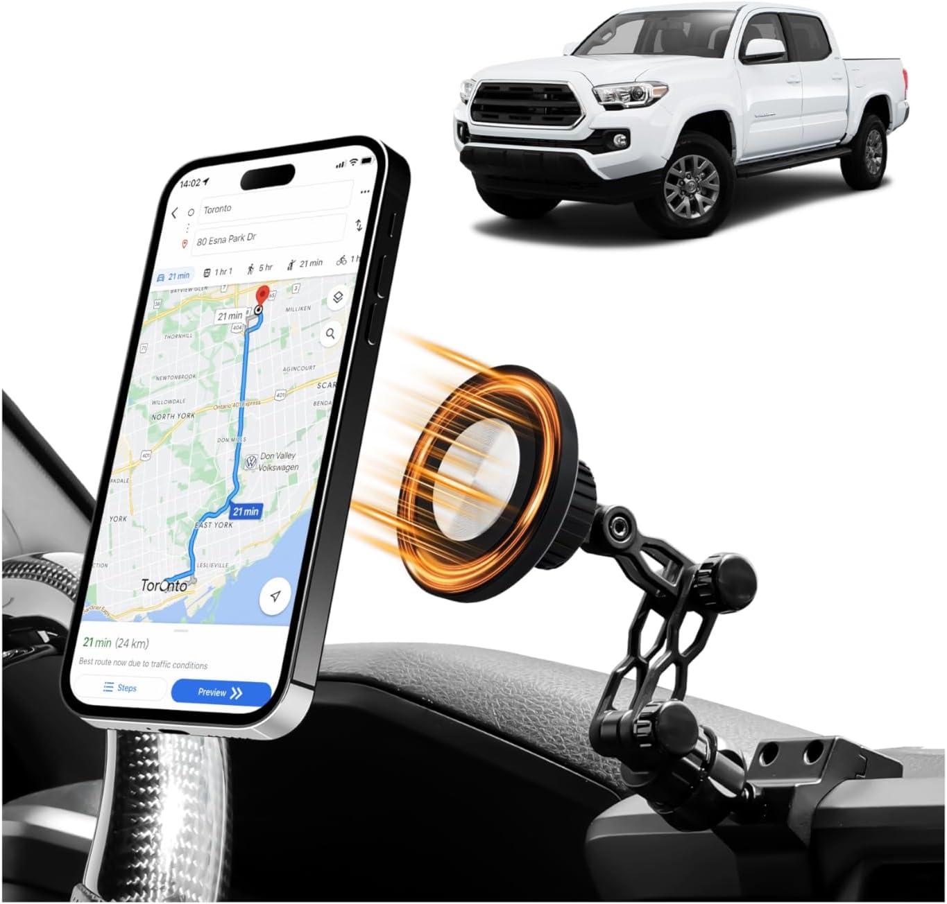 Karltys Magnetic Phone Mount Compatible with Toyota Tacoma 2016-2023, 360° Rotating Dashboard Cell Phone Holder with Aluminum Adjustable Arm, Strong Magnetic Dashboard Mount for Mag Safe