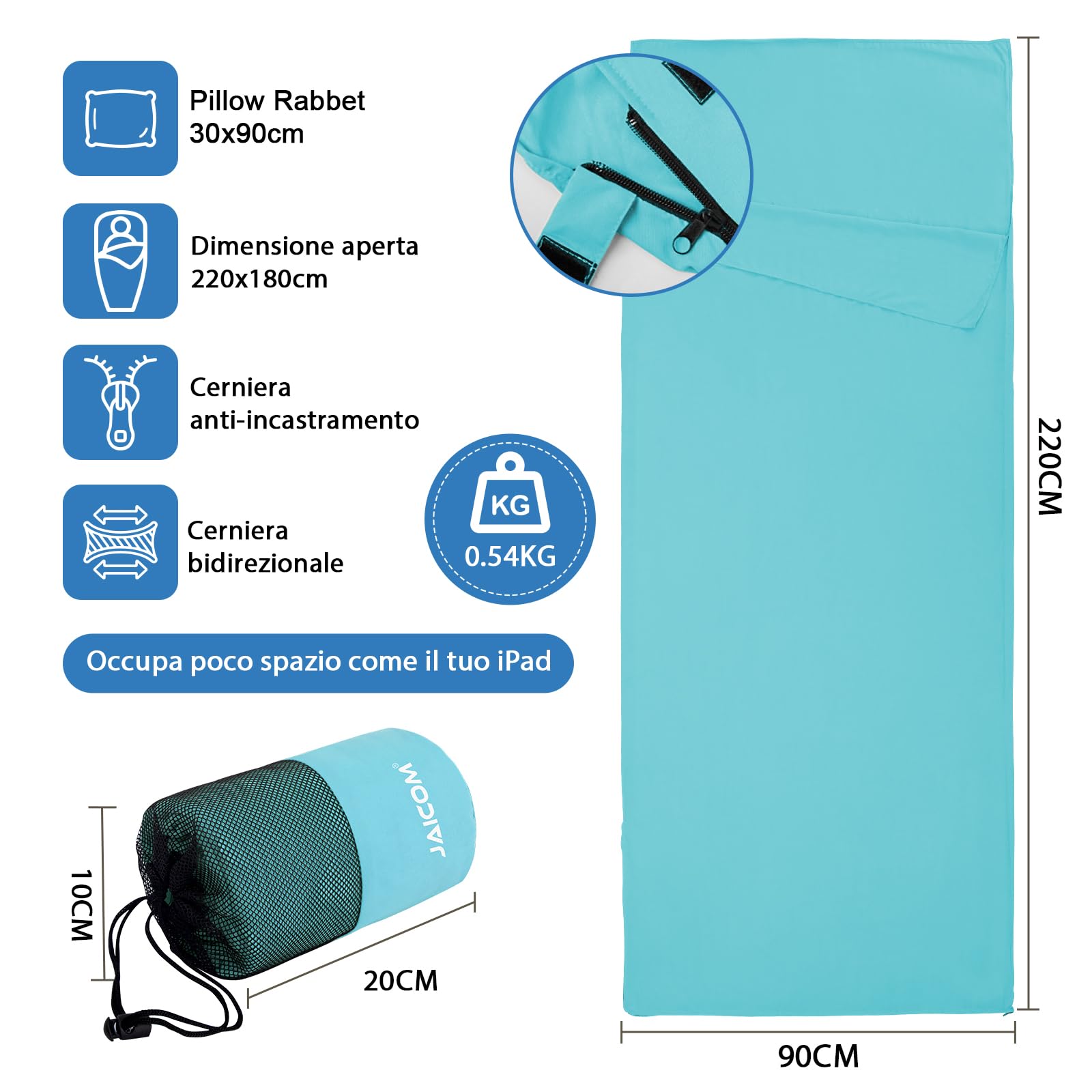 JAICOM Sacco Lenzuolo Sacco a Pelo, Sacco Lenzuolo da Viaggio Ultraleggero e Compatto, 220x90cm, Ideale per il campeggio, l'escursionismo, l'ostello e i viaggi di lavoro