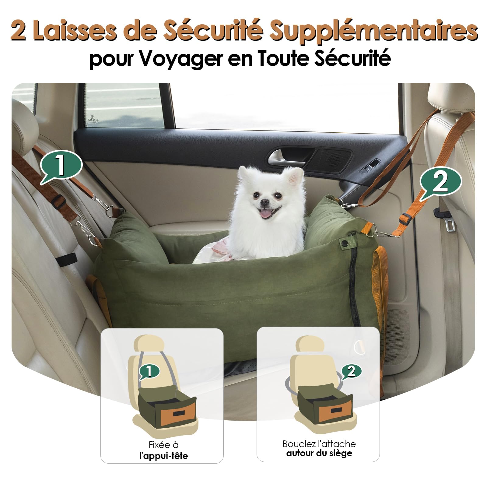Siege Auto Chien Voiture pour Petite et Moyenne Moins de 15kg, Panier Chien Voiture Portable avec Aire de Repos Extensible, Siège Auto Détachable pour Le Transport avec Clip de Sécurité