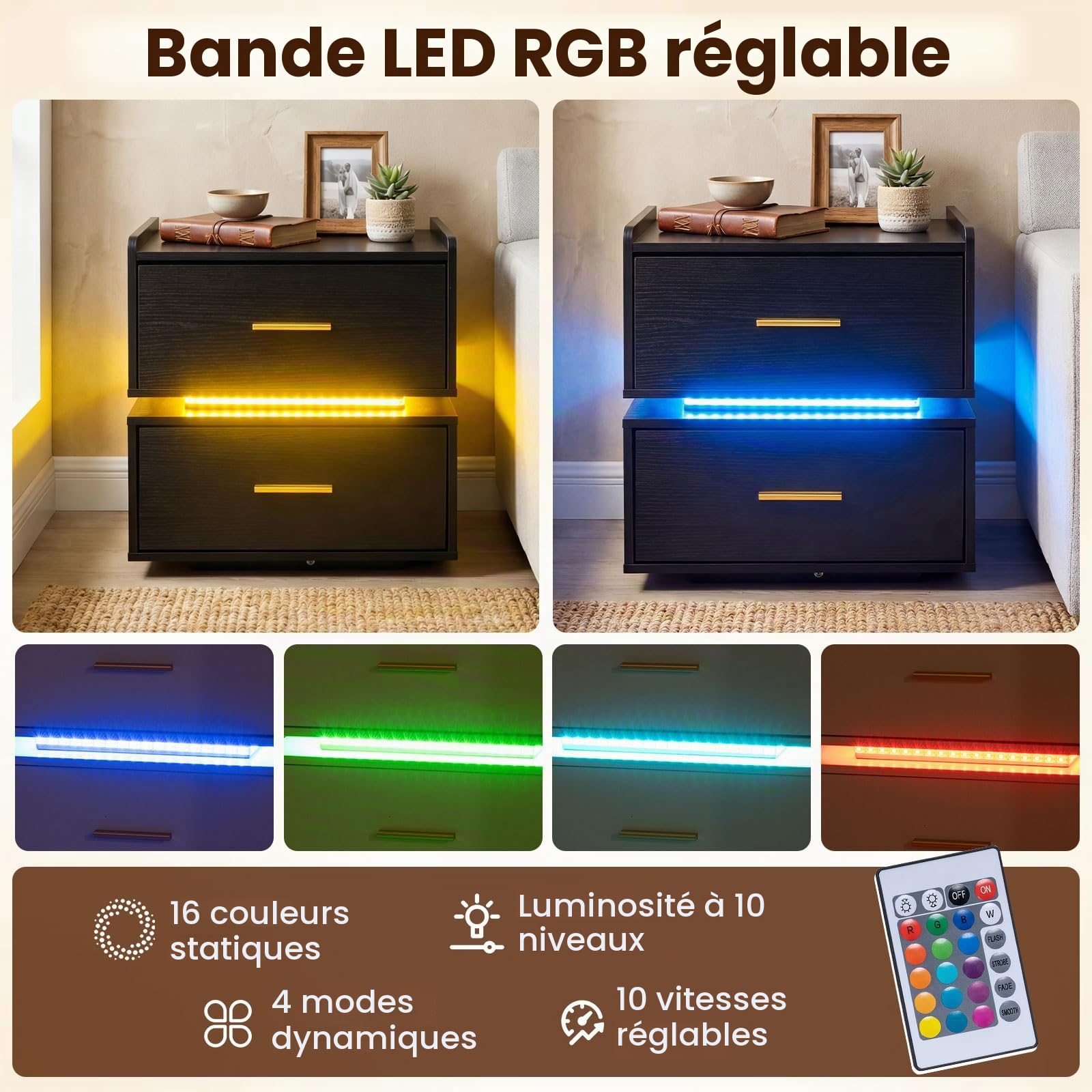 COSTWAY Table de Chevet avec Prise Intégrée, Table de Nuit LED avec 2 Tiroirs, 16 Couleurs, Design Semi-Flottante, Base Métallique, Grain de Bois, pour Salon, Chambre (1,Noir Bois)
