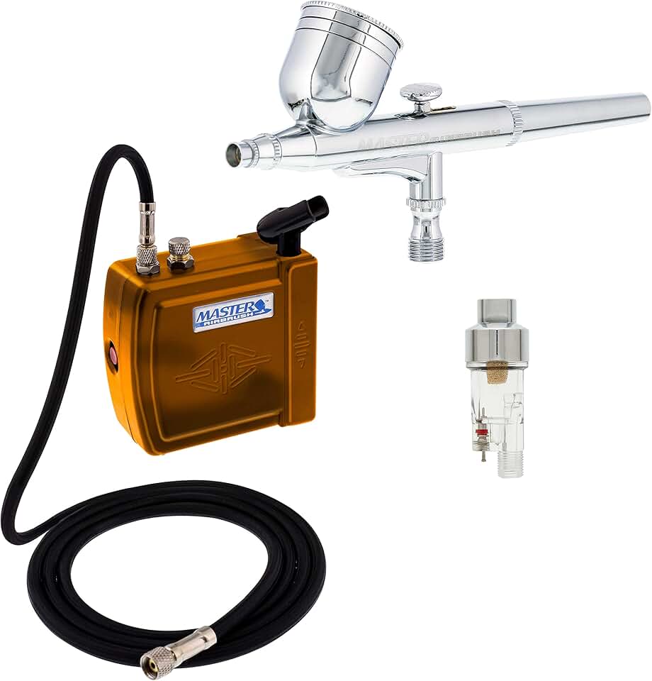 Master Airbrush Kit de sistema de aerografia dourado multiuso com mini compressor de ar portátil - Aerógrafo de dupla ação com alimentação gravitária, mangueira, folheto guia de instruções para aerografia - hobby, decoração de bolos, tatuagem