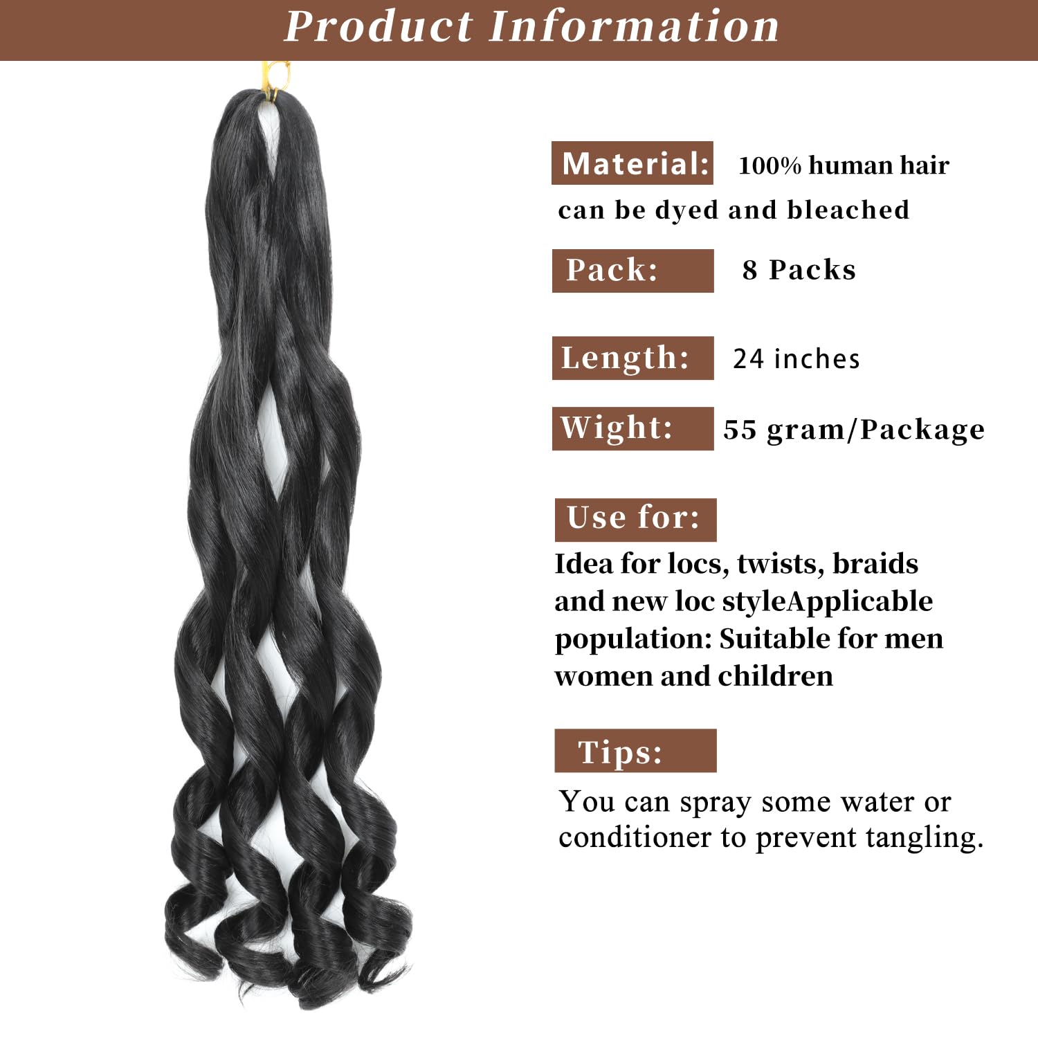 French Curl Braiding Hair 24 Inch 8 Packs Curly Braiding Pre Stretched French Curls Braiding Extension Curl Crochet Braids Spiral Braiding Extensions (1B# - Image 3