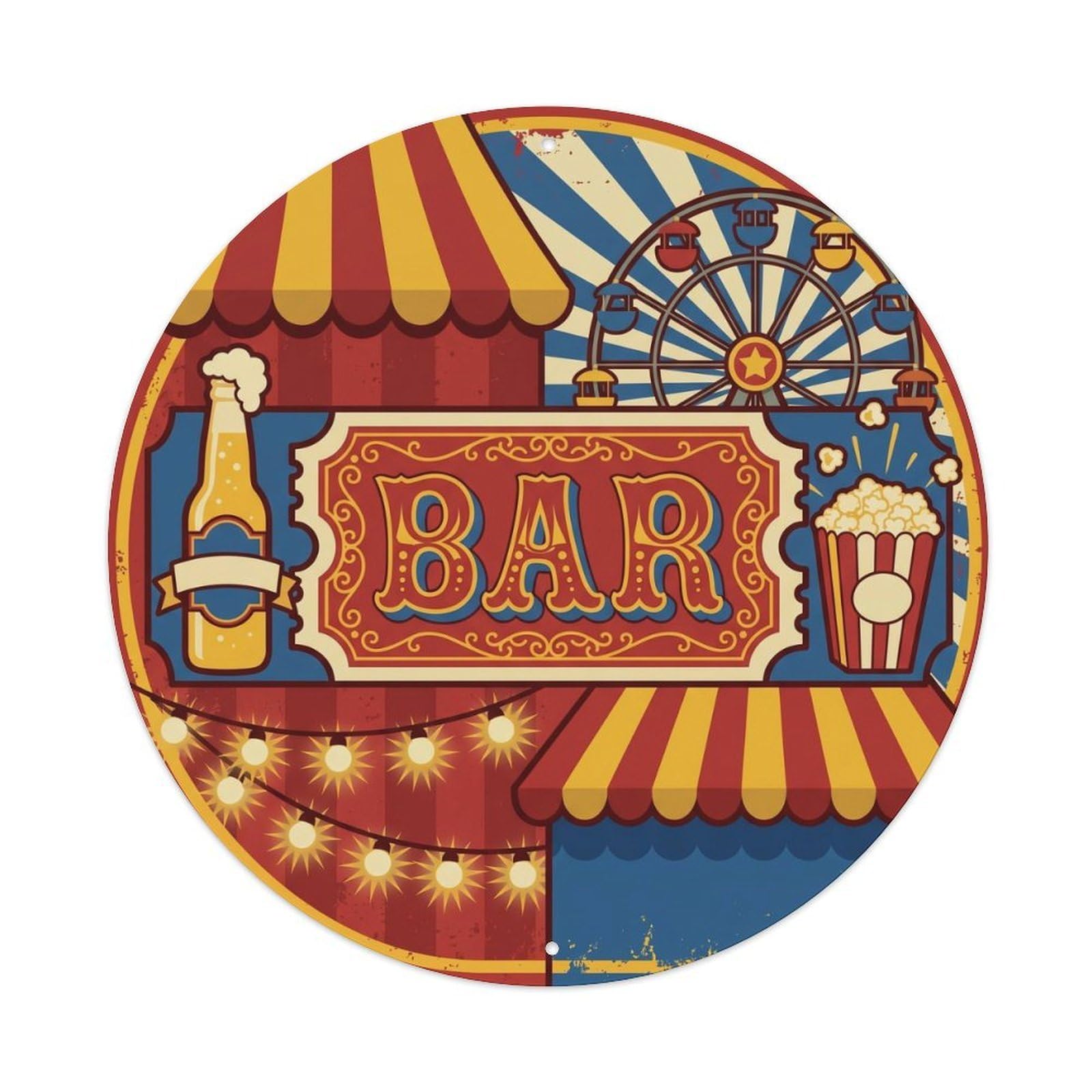 BAR Vintage Carnival Ornament Metal Tin Sign Plaque Wall Decor for Cafe, Club Bar, Office, Home Garden Round Metal Poster 8x8Inch