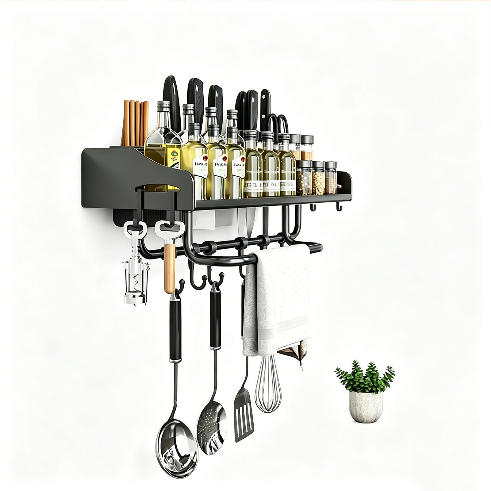 Estante de cocina de pared de 60 cm con soporte para cuchillos y ganchos
