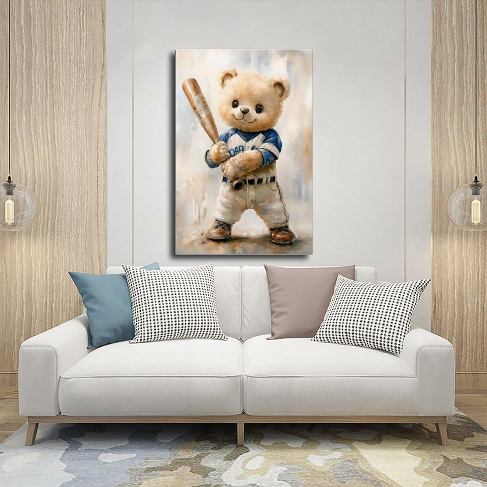 Leinwandposter mit Teddybär-Baseballspieler, Schlafzimmerdekoration, Landschaft, Büro, Raumdekoration, Geschenk, 61 x 91,4 cm (L x B)
