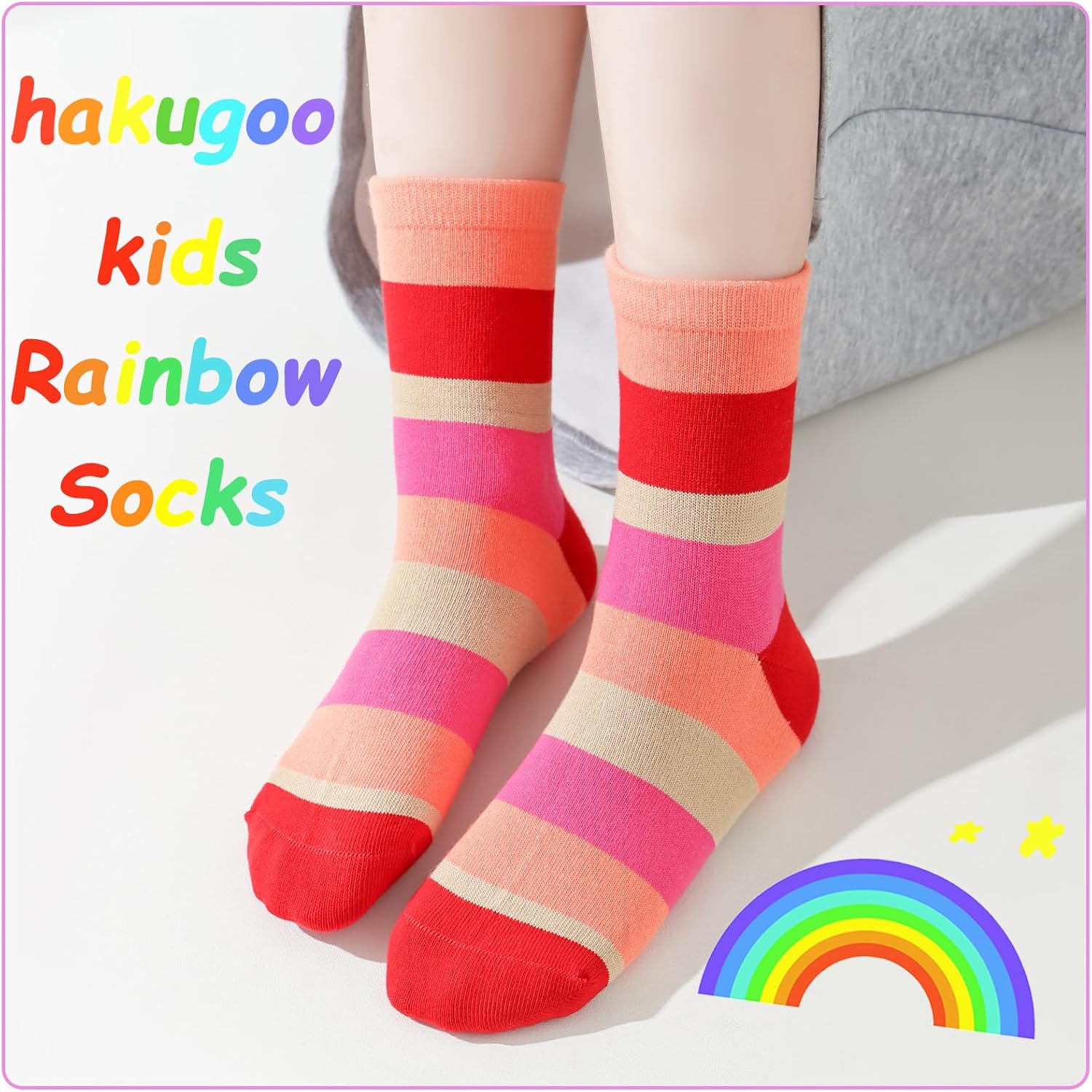 Kids Crew Socks Seamless Boys Girls Rainbow Stripes Socks Cotton Athletic Sock Unisex Cute Fun Boot Sock 5 Pairs - Image 2