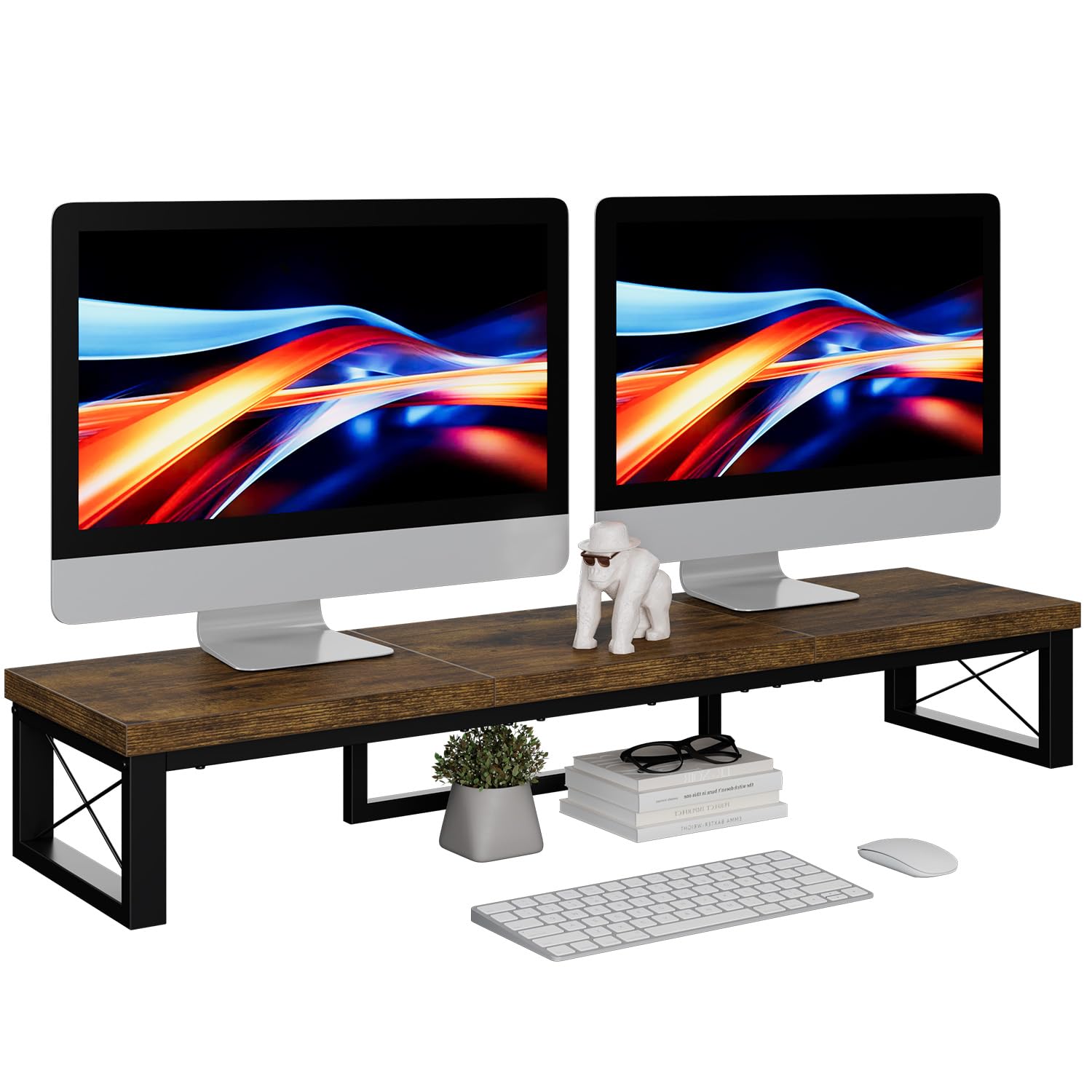 IBUYKE Dual Monitor Desk Stand, 38" Wood Riser Monitor Stand, Double Screen Office Desk, Suitable for PC, Printers, Laptops and TV, Computer Accessories, Brown TDJ002H