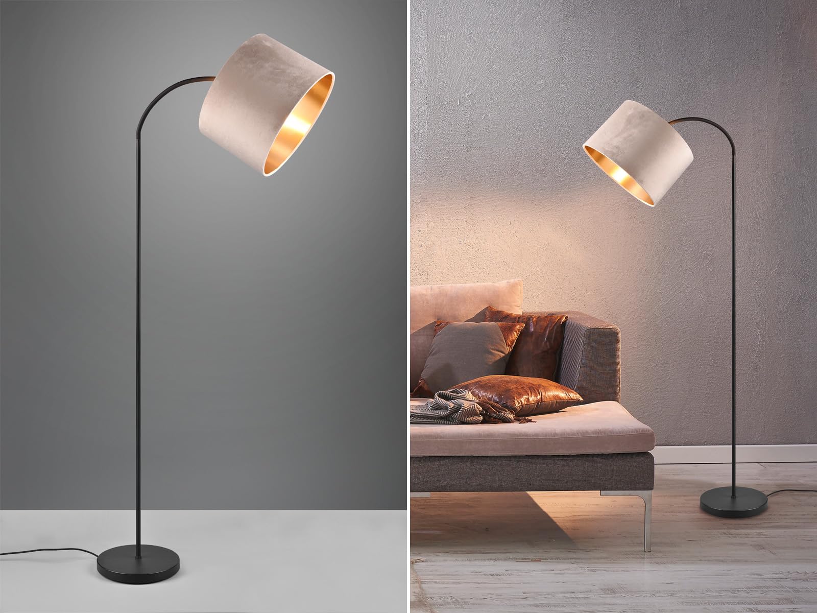 Stehleuchte mit Samt Lampenschirm Beige, innen Gold, Höhe 156cm