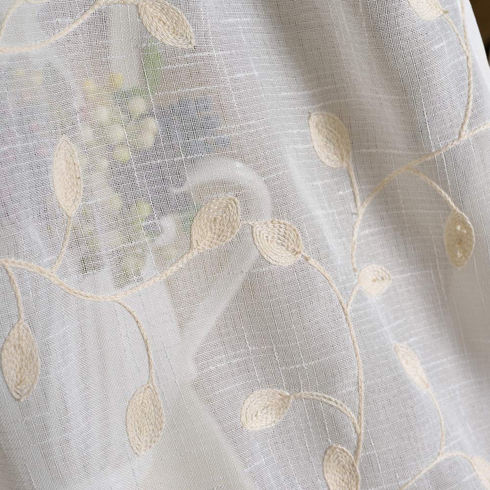 2er Set Stickerei Blätter Leinenoptik Vorhang Dekosachl Transparent Gardinen, mit Ösen Vorhang Voile Fenster für Wohnzimmer Kinderzimmer Schlafzimmer,Weiß,W200xL250cm
