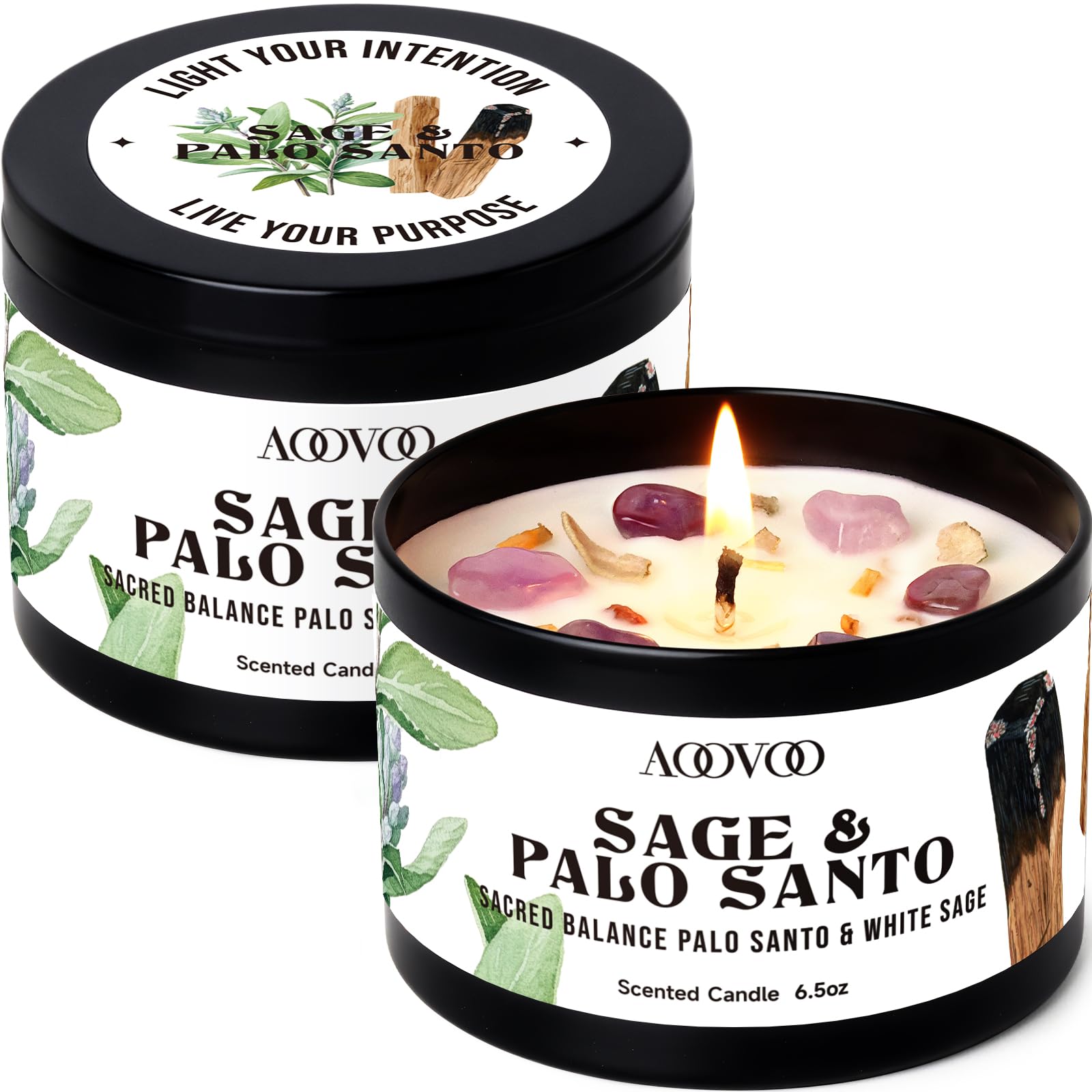 AOOVOO 2 Pack Sage &amp; Palo Santo Candles – Cleansing Candle with Crystals