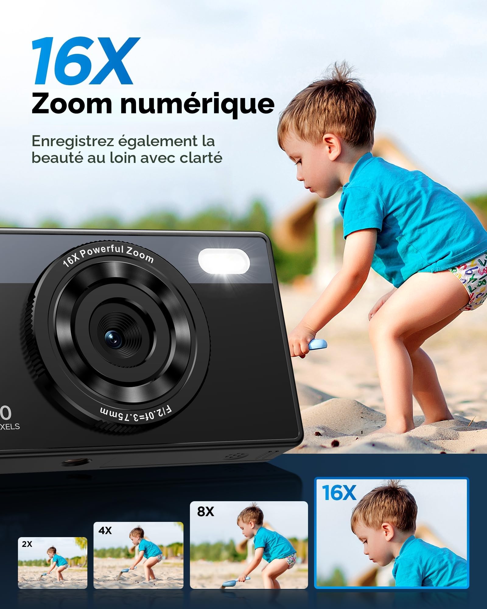 Appareil Photo Numérique Enfant 48MP Anti-secousse 16X Zoom Autofocus Vlogging Caméra pour YouTube