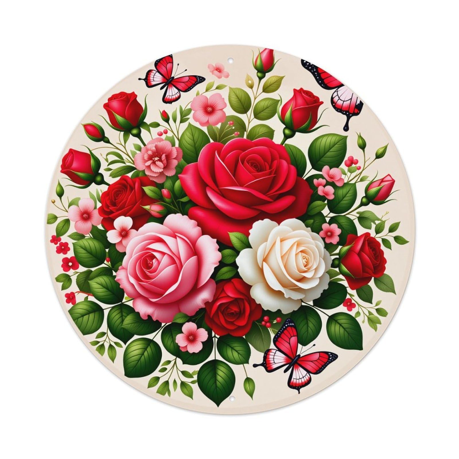 Rose Bouquet With Butterflies And Green Leaves Round Vintage Tin Sign,Retro Wall Art,Metal Poster for Home, Bar, Garage, Cafe, Rustic Indoor & Outdoor Decor, 8x8 Inches