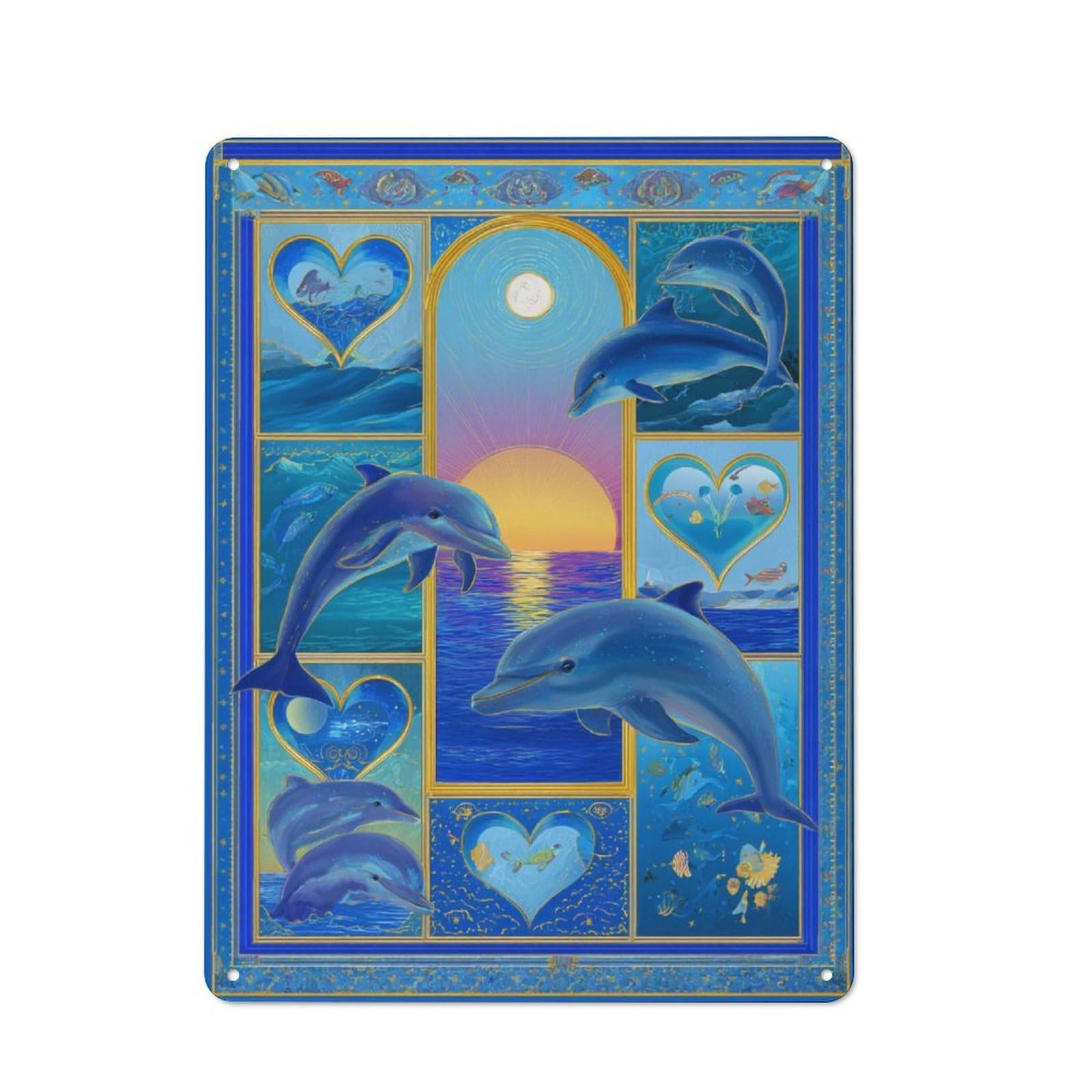 Junmoney Dolphins In Heart-Shaped Frames Tin Sign 40X30cm With For Living Room Wall, Rustic Decor, For Living Room Decor Lovers