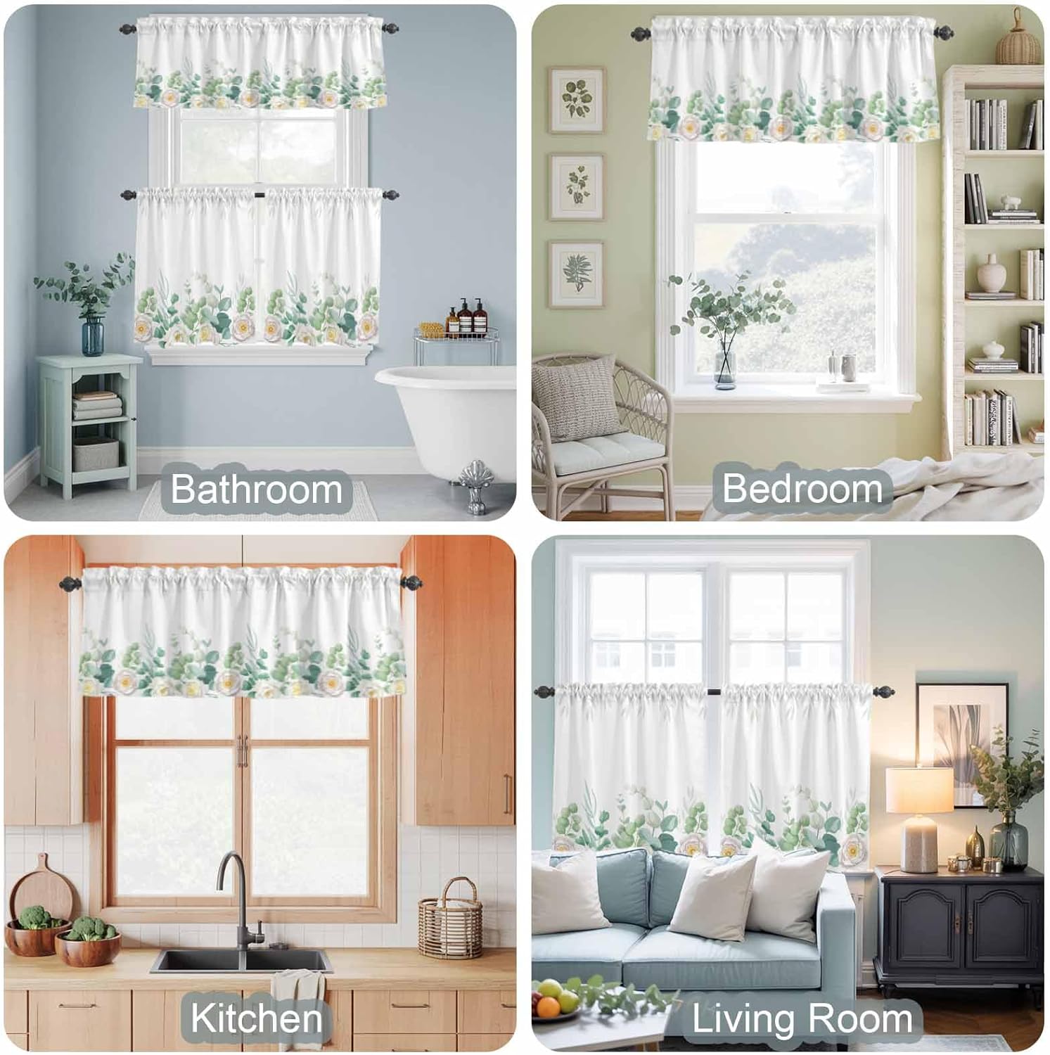 YOKOU 3 Piece Curtains Tiers and Valances Set, Eucalyptus Leaves Summer Watercolor Green Leaf Flower Rod Pocket Short Window Treatment Tiers Curtains Panel and Valance for Cafe Bathroom Kitchen