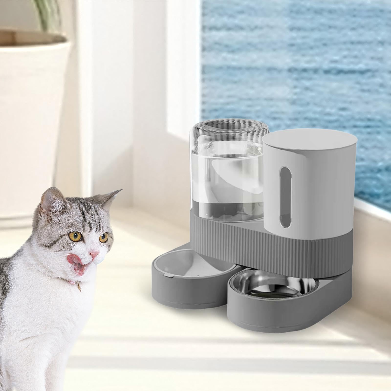 Comedero Automático para Mascotas, Contenedor de Comida, Estación de Alimentación, Gran Capacidad, Cuenco para Comida, Dispensador de Agua para Conejo, Gris