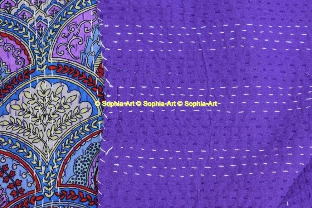 Bedspread Blanket Cover Bed Bedding Rainbow Print Quilt Indian Handmade Bohemian Kantha Cotton Sofa Kantha Kantha Cover Quilt (Purple, Twin 60 * 90 Inches)
