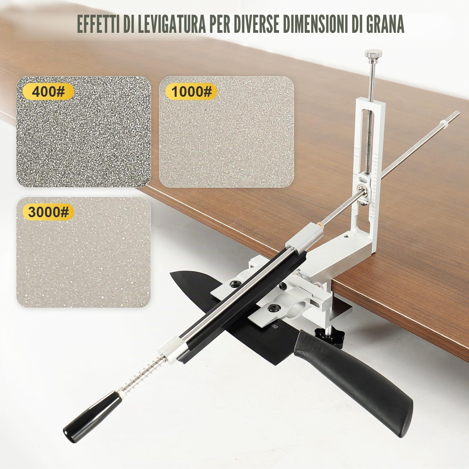Affilacoltelli Professionale, Affilacoltelli Manuale in Alluminio, Rotazione a 360° con Angolo Fisso, Sistema di Affilatura Coltello con 6 Pietre Diamantate (120# 400# 800# 1000# 2000# 3000#)