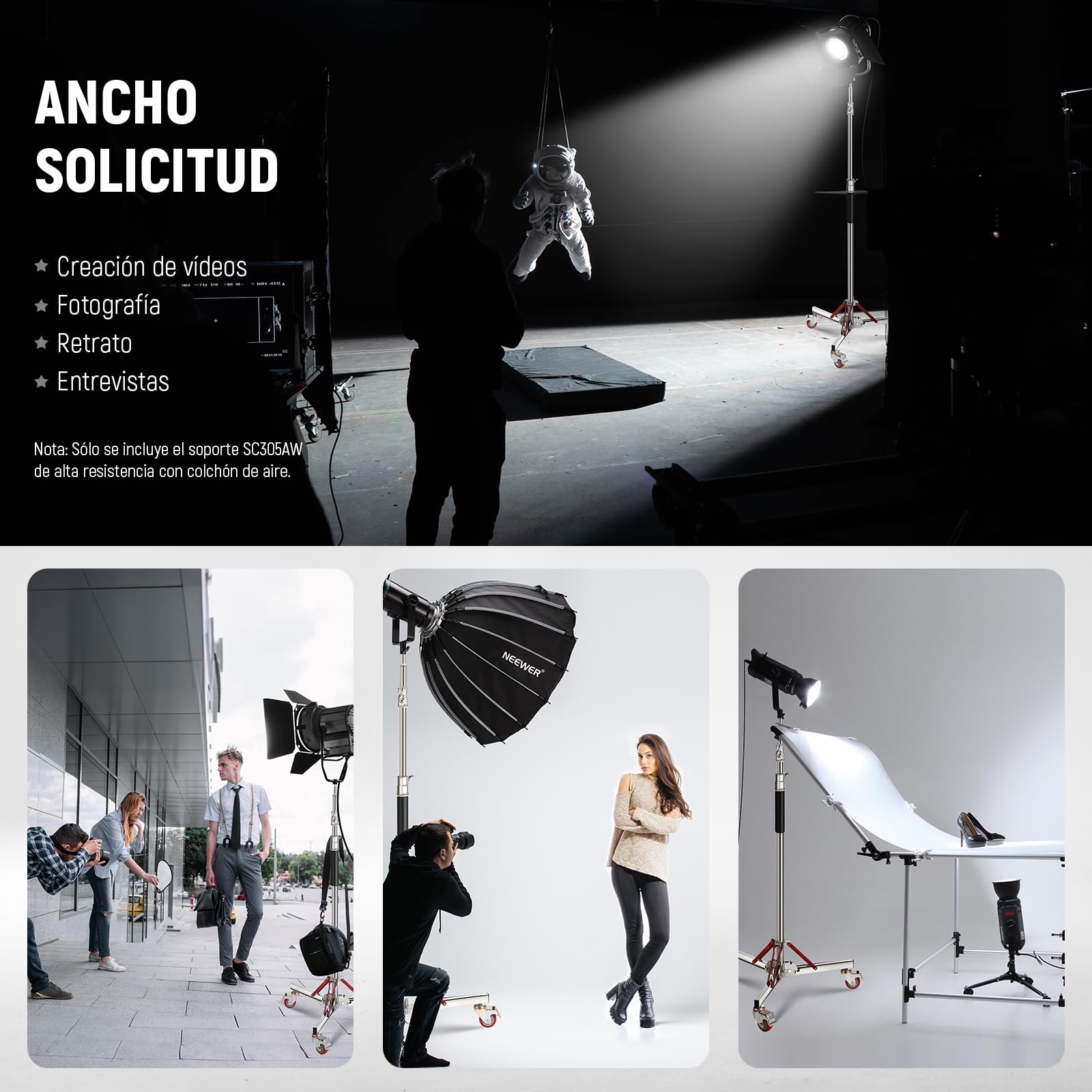 NEEWER Soporte de luz Acolchado de Aire Resistente de 10 pies con Ruedas, Soporte de trípode Ajustable, Soporte de Acero Inoxidable con Ruedas para Flash de Estudio, Reflector monolight, SC305AW