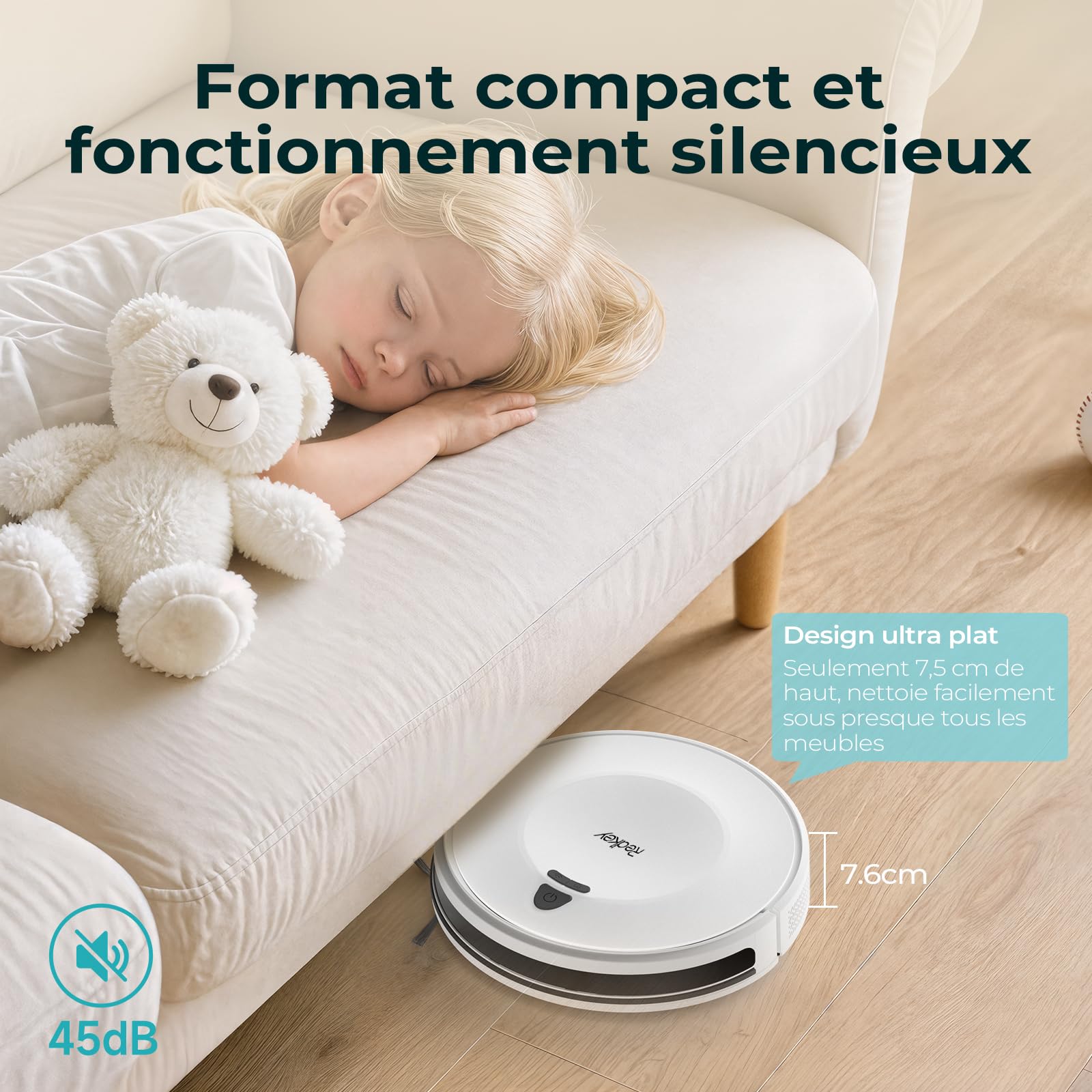 Redkey E6 Aspirateur Robot, Robot Aspirateur avec 7000 Pa Puissance d’Aspiration, Jusqu’à 170 Min Autonomie, avec Station de Charge, Télécommande et APP, Idéal pour Poils d’Animaux, Tapis, Sols Durs