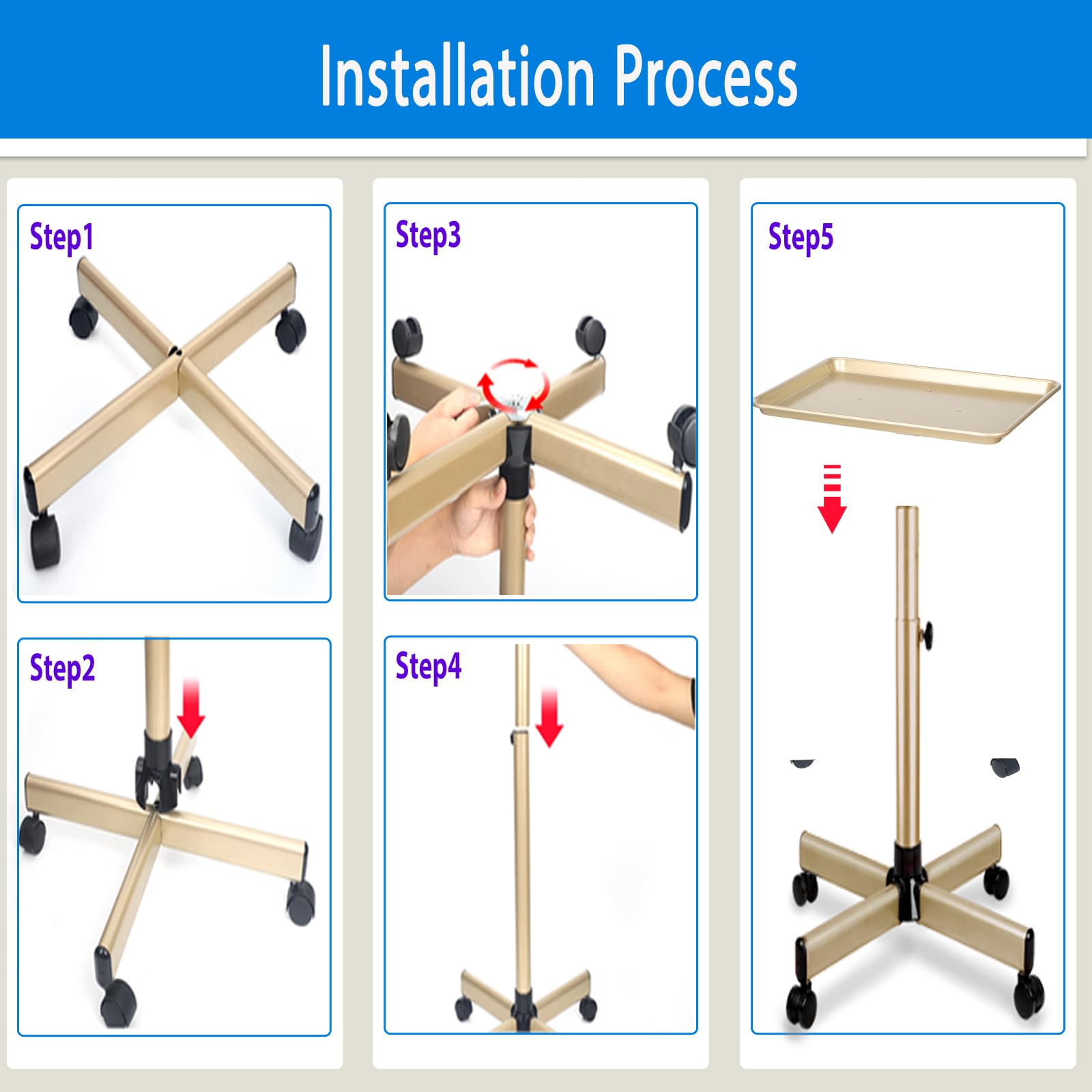 Salon Tray on Wheels- Adjustable Salon Service Rolling Tray Suitable for Mayo Stand,Tattoo Tray and Dentist Tray()