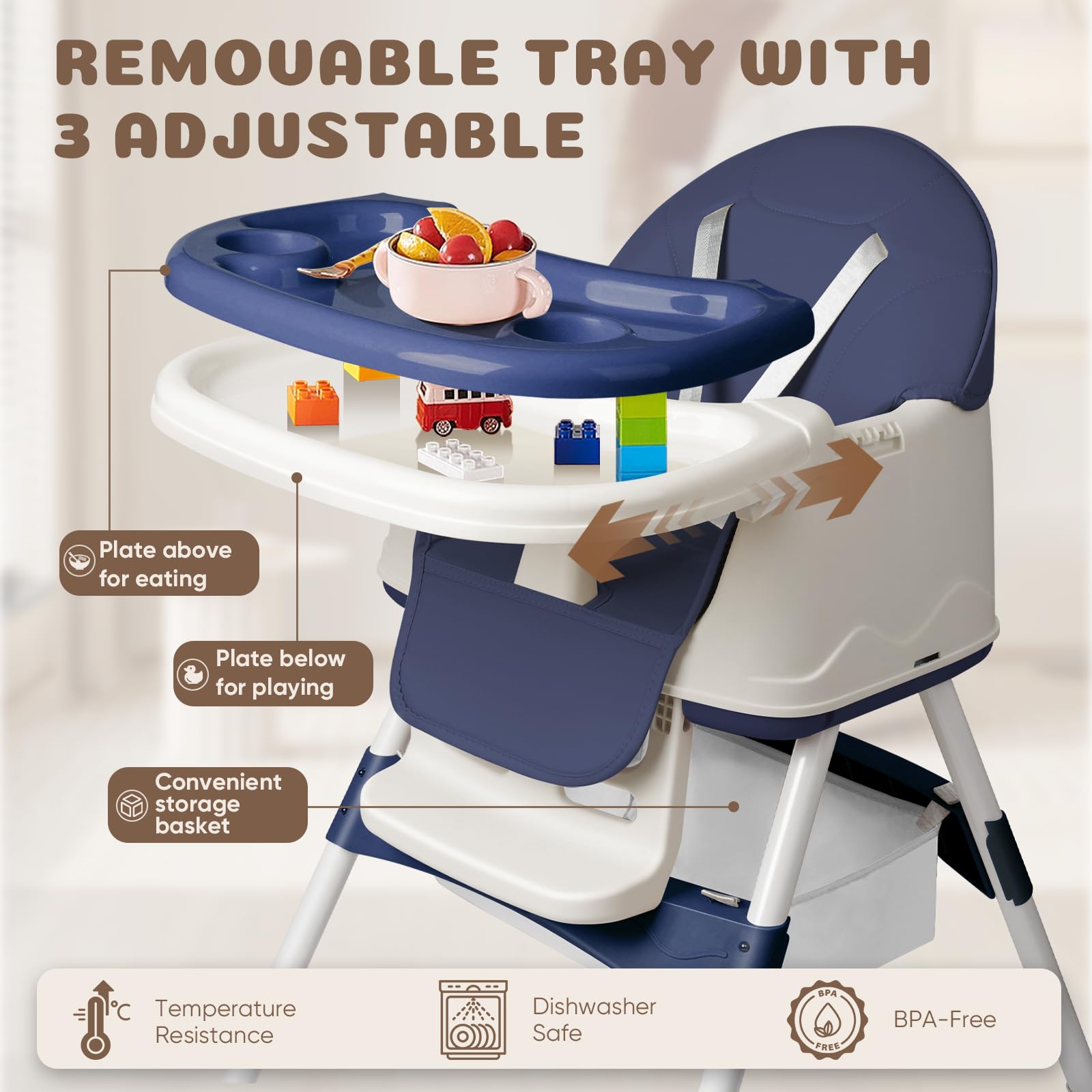 Trona plegable 4en1, Reclinable y regulable en altura, con bandeja extraíble y ruedas, Trona ajustable con cinturón de 5 puntos, Azul