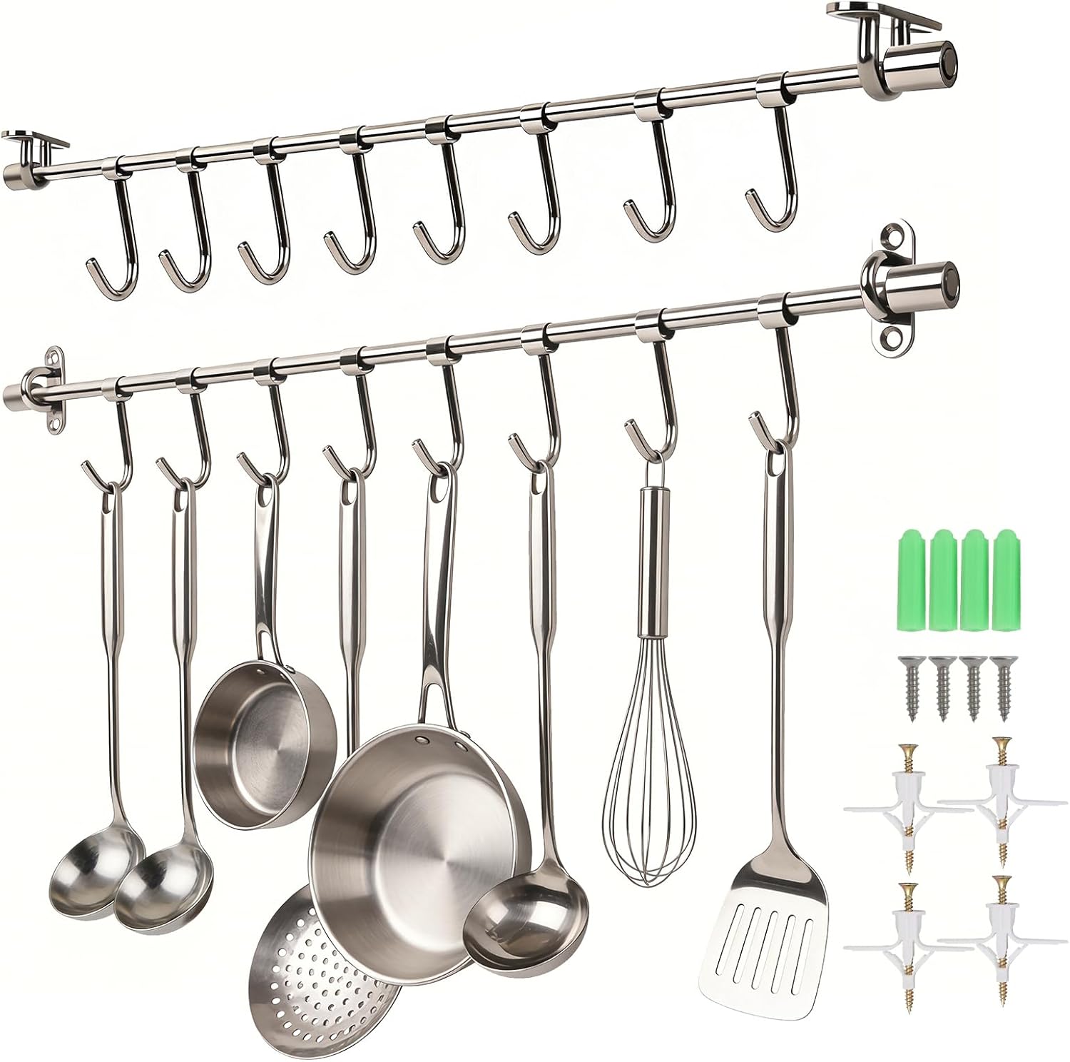 20" Kitchen Utensil Rack with Adjustable Holes - 8 Sliding Hooks 304 Stainless Steel, Pots and Pans Hanging Rack Wall Mounted 2 Packs