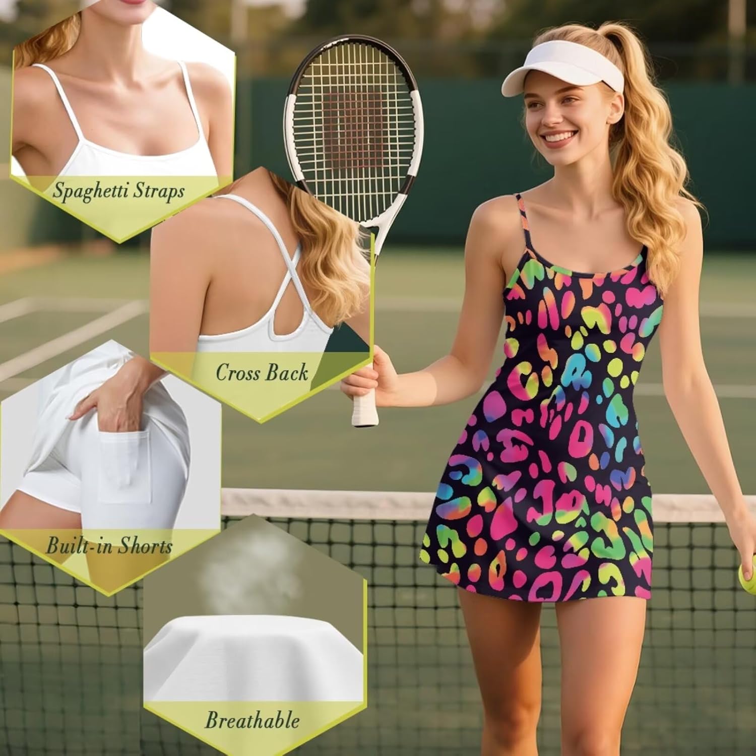 Womens Tennis Dress Athletic Dress with Built in Shorts Spaghetti Strap Dress Comfy Golf Dresses with Pocket
