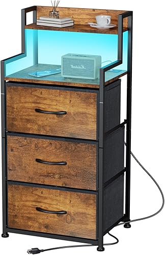 Mesita de noche alta con luz y estación de carga, mesita de noche con 3 cajones de tela y estante de almacenamiento, mesitas de noche con puertos