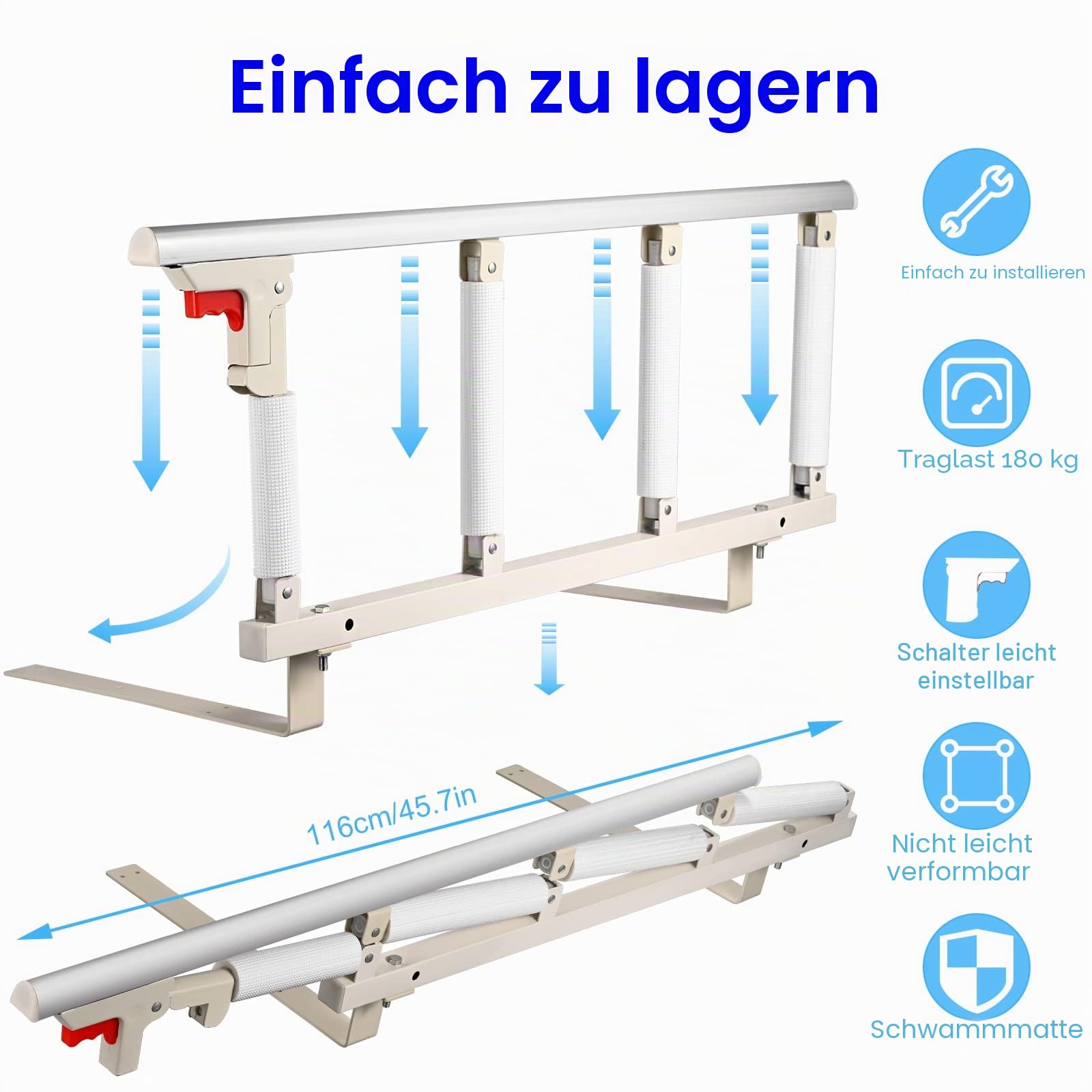 Bettgitter für Senioren – Schutzgitter mit Stützgriff, 94 x 40 cm, klappbare Absturzsicherung und Haltegriff für ältere Menschen, Erwachsene mit Behinderungen und Krankenhauspatienten